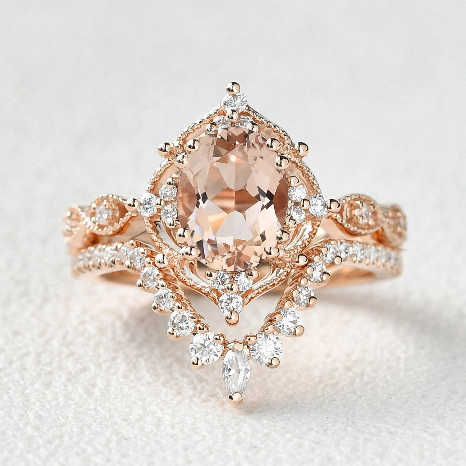 1.5ct Morganite Vintage Inspired Chevron Ring Set 2pcs Daily Layer Fashion Sparkle