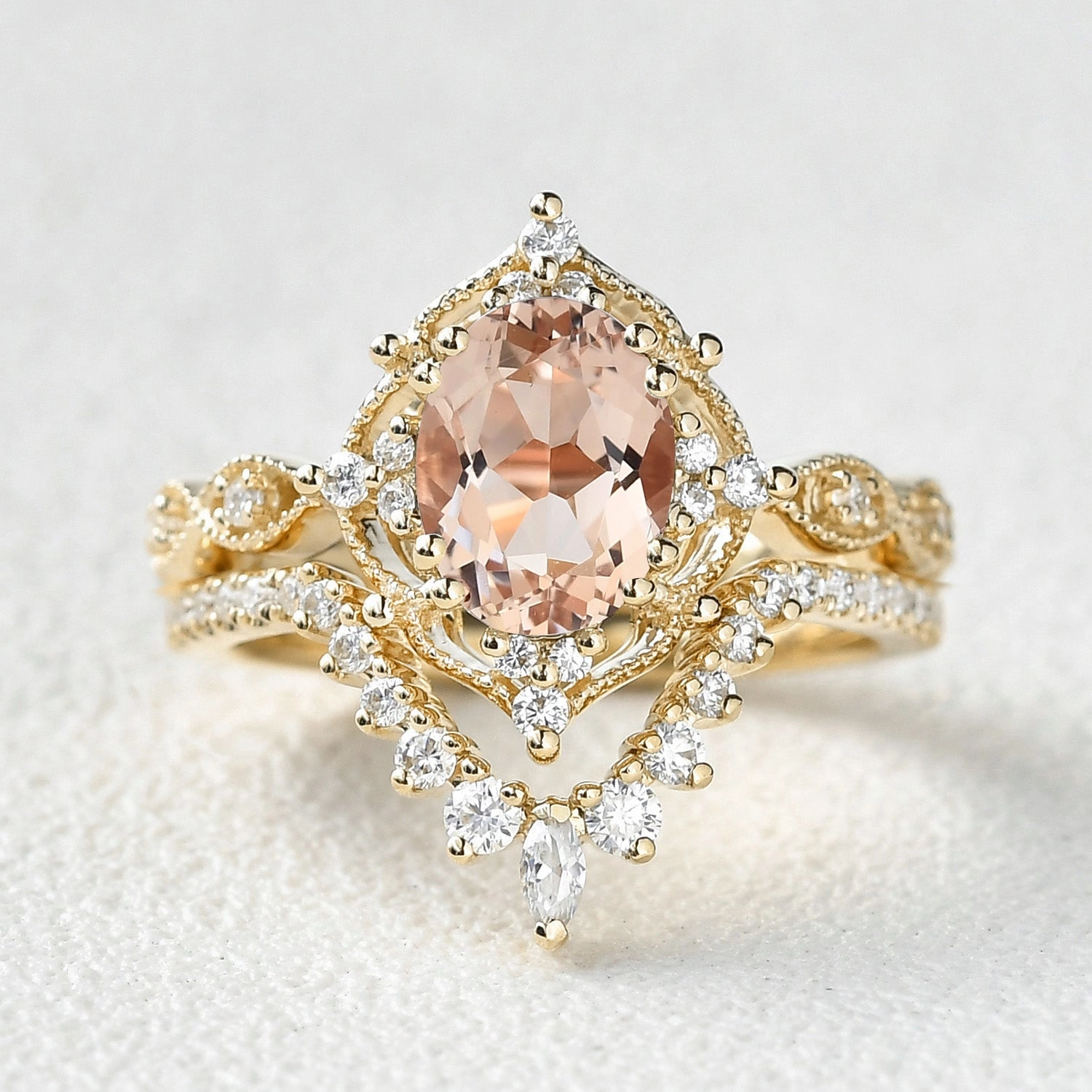 Office Accent Gift Box 1.5ct Morganite Vintage Inspired Chevron Ring Set 2pcs