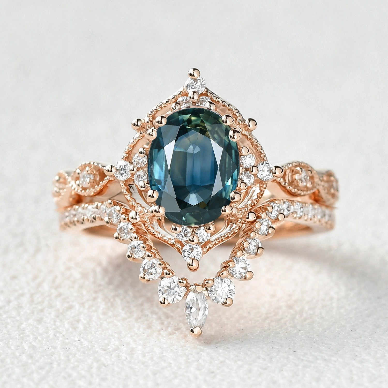 1.5ct Morganite Vintage Inspired Chevron Ring Set 2pcs Daily Details