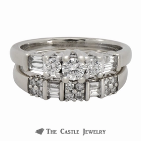 Fashionable Embellishment Cool Edge 1 CTTW Round  And Baguette Cut Diamond Bridal Set 14K White Gold