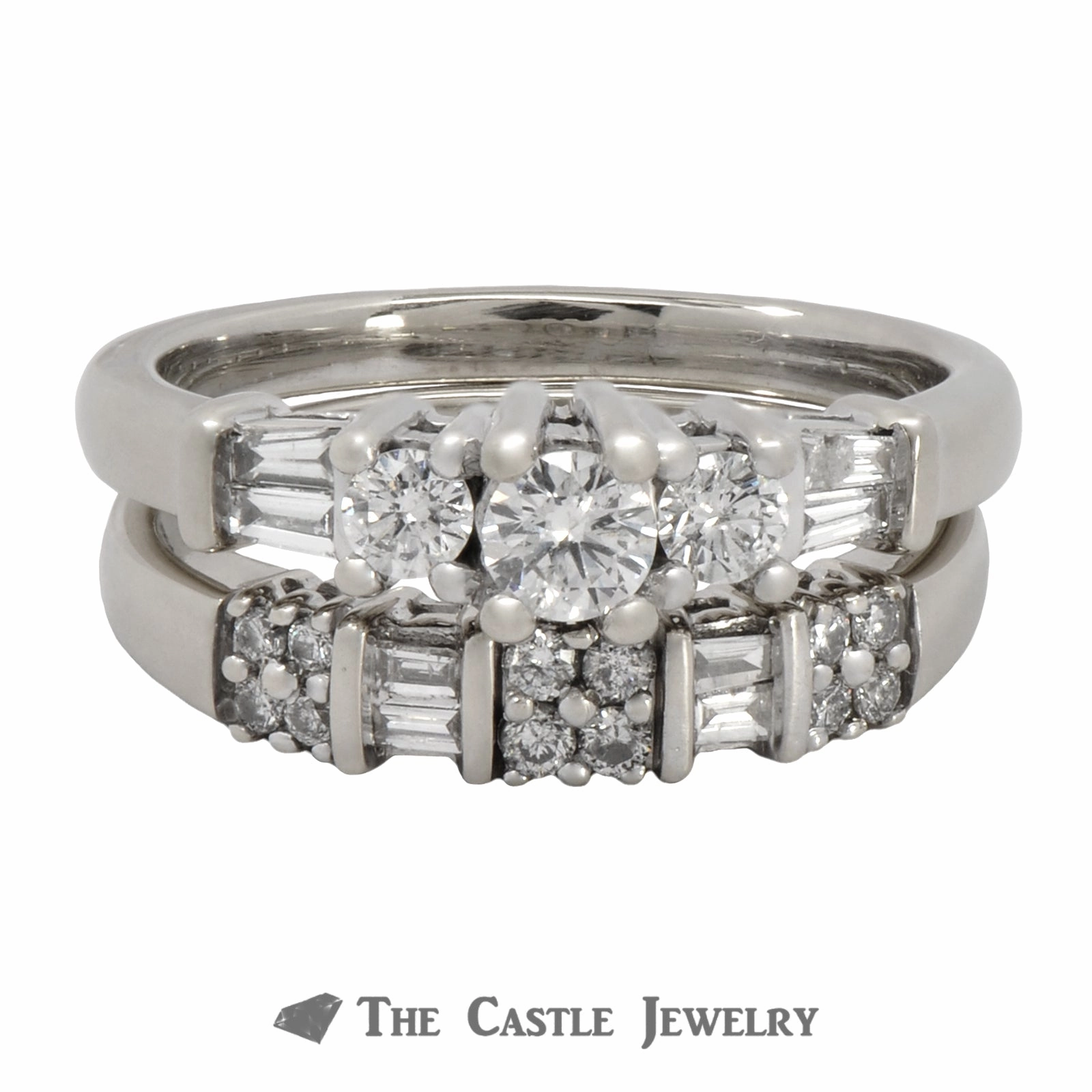 1 CTTW Round  And Baguette Cut Diamond Bridal Set 14K White Gold Budget Style Daily Harmony