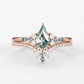 Stylish Element Kite Cut Green Moss Agate Three Stone Engagement Bridal Set 2pcs - Rebecca