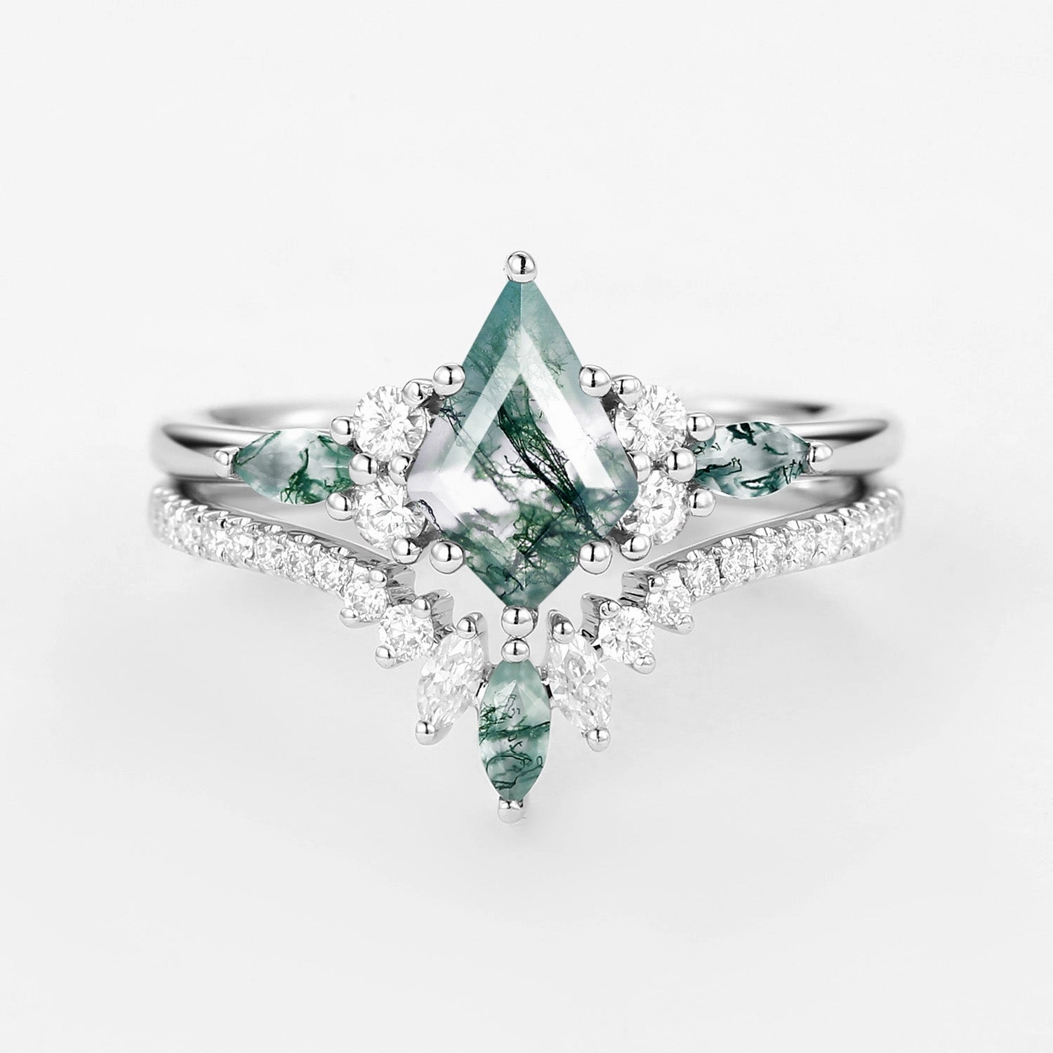 Kite Cut Green Moss Agate Three Stone Engagement Bridal Set 2pcs - Rebecca Delicate Spark Sleek Sparkle