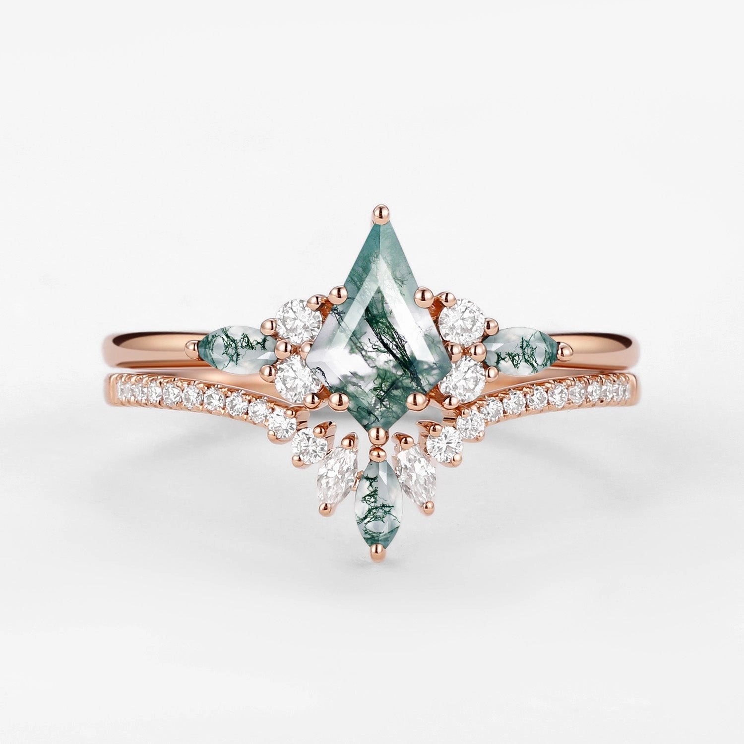Stylish Element Kite Cut Green Moss Agate Three Stone Engagement Bridal Set 2pcs - Rebecca