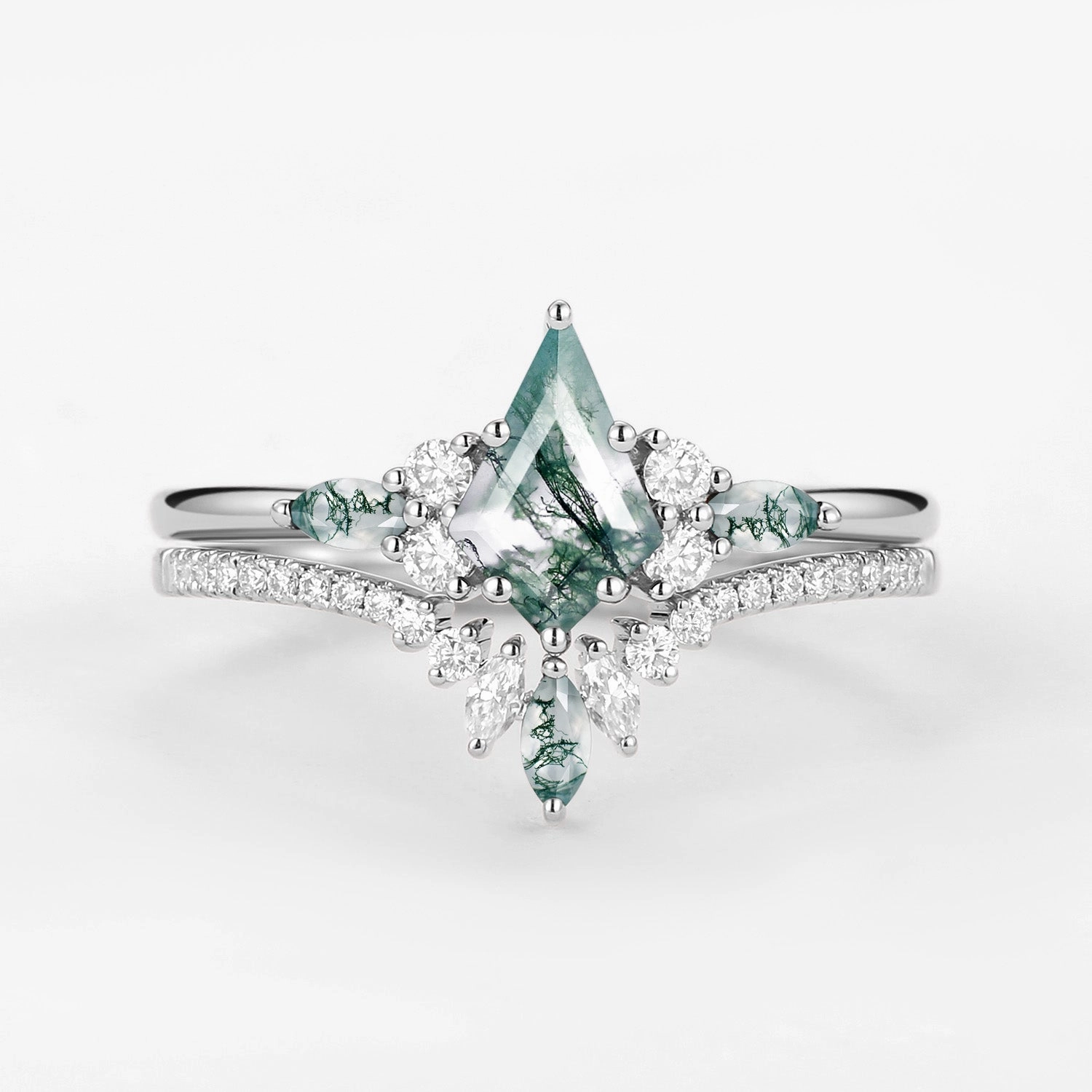 Refined Fashion Kite Cut Green Moss Agate Three Stone Engagement Bridal Set 2pcs - Rebecca