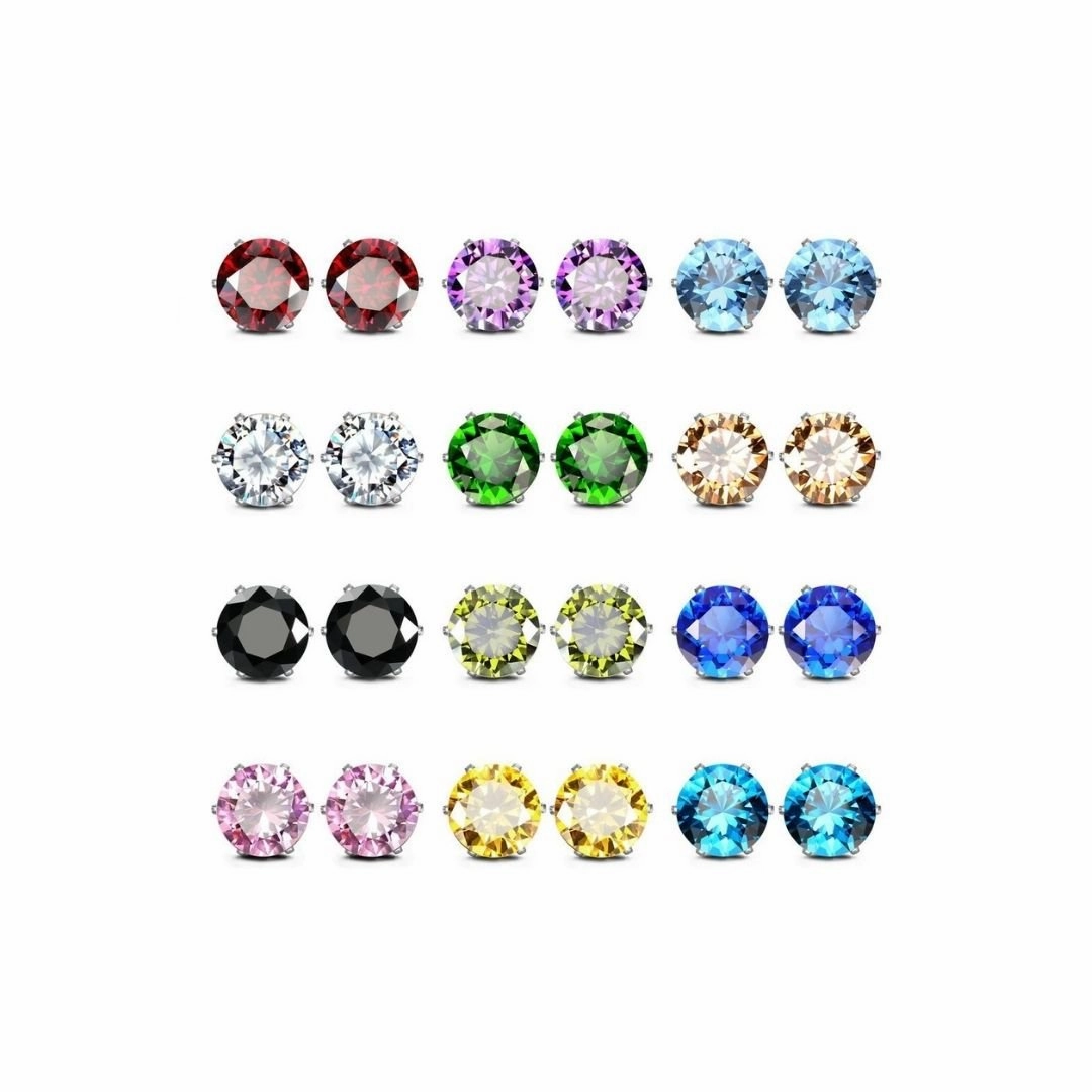 Social Jewelry 18K White Gold Plated 12 Pack Birthstone Stud Earrings