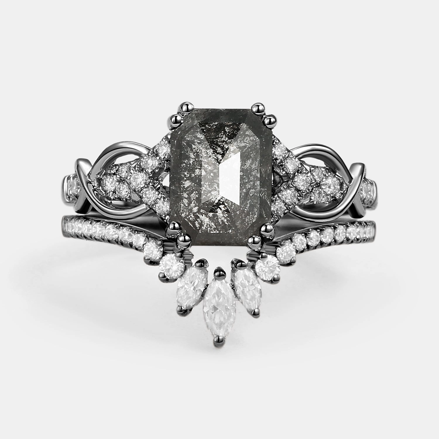 Cushion Cut Salt and Pepper Diamonds Infinity Gold Ring Set 2pcs Glamorous Craft