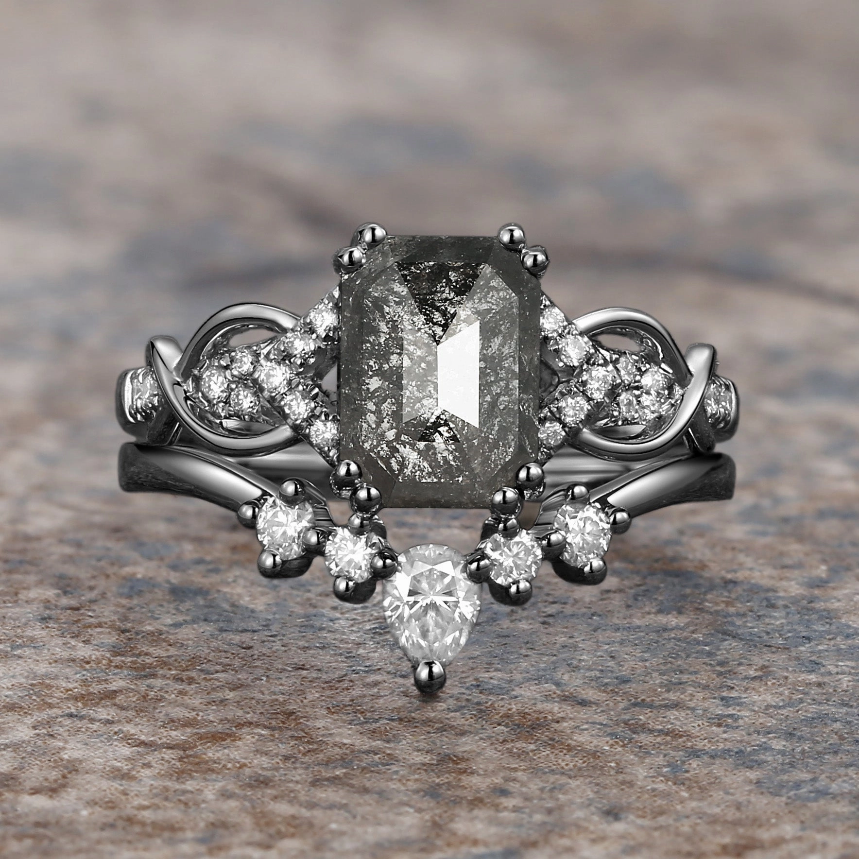 Candid Moment Cushion Cut Salt and Pepper Diamonds Vintage Engagement Ring Sets 2pcs