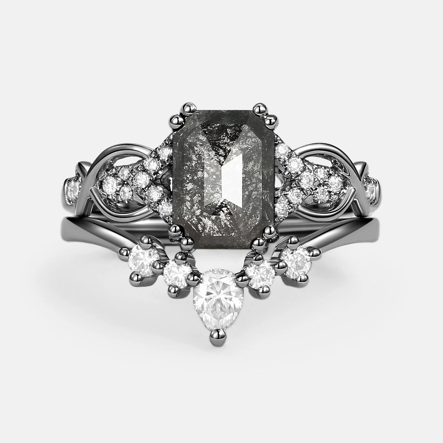 Cushion Cut Salt and Pepper Diamonds Vintage Engagement Ring Sets 2pcs Modern Look Glistening Detail