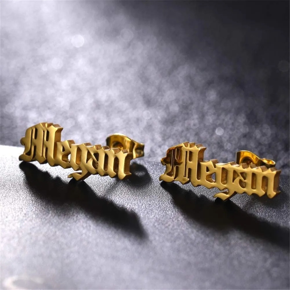 Custom Name Stud Earrings Personalized Gift for Her Minimalist Earrings Personalized Earrings Your Own Earring with Name (Stud Old English Earrings)
