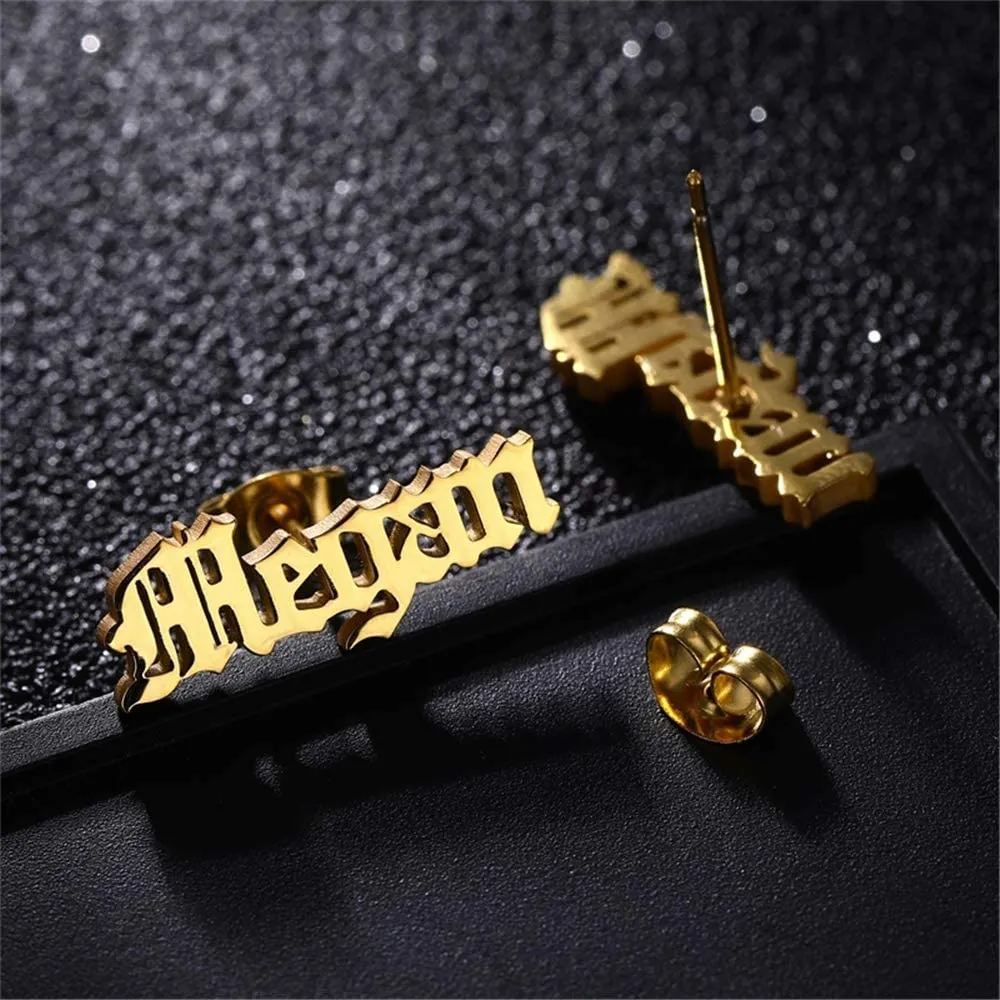 Custom Name Stud Earrings Personalized Gift for Her Minimalist Earrings Personalized Earrings Your Own Earring with Name (Stud Old English Earrings)