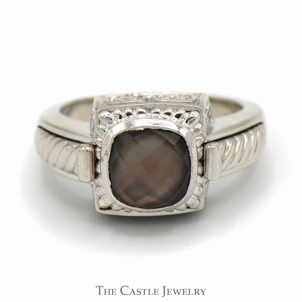 Cushion Fantasy Cut Mystic Topaz Ring with Ornate Detail in 14k White Gold Sparkling Article