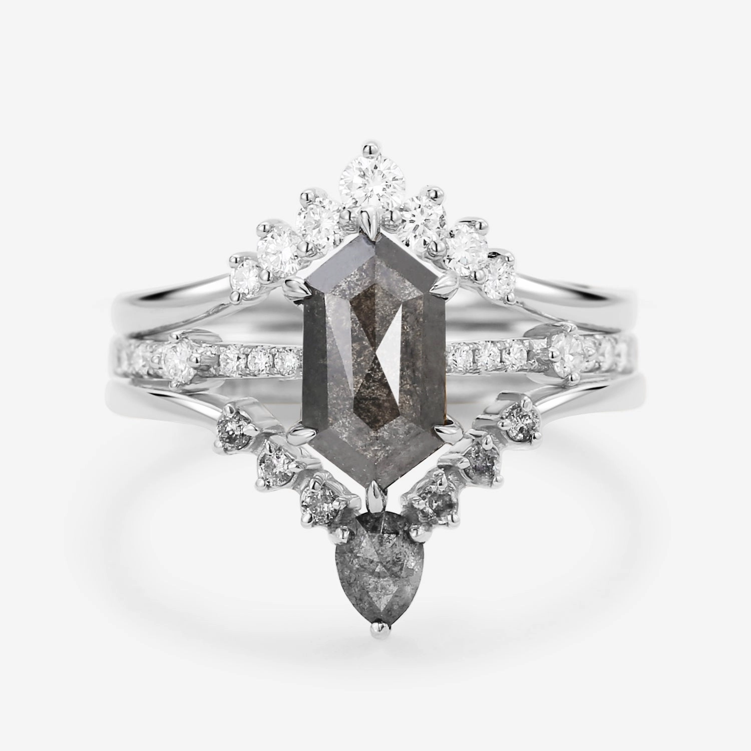 Elegant Pop Vintage Hexagon Salt and Pepper Diamonds Ring Set 3pcs