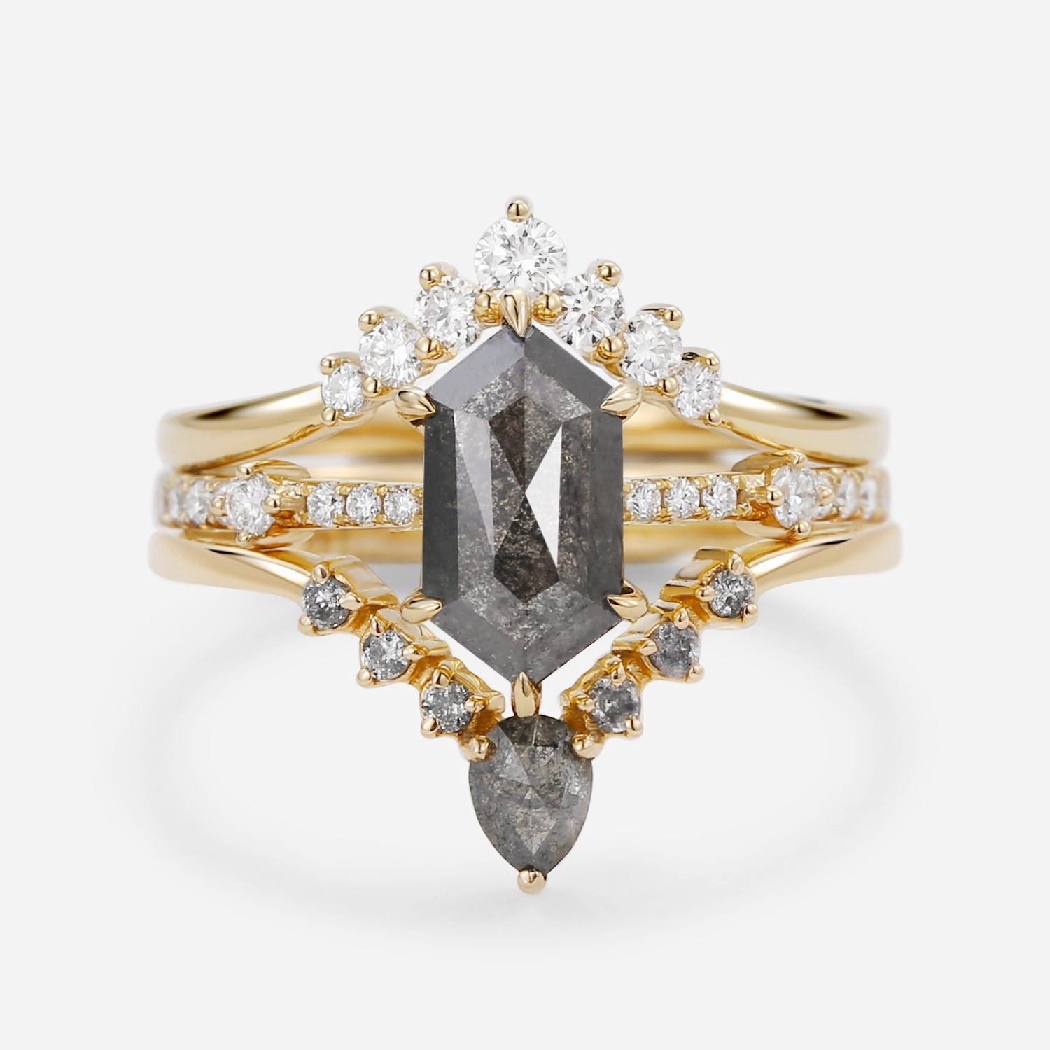 Everyday Design Vintage Hexagon Salt and Pepper Diamonds Ring Set 3pcs