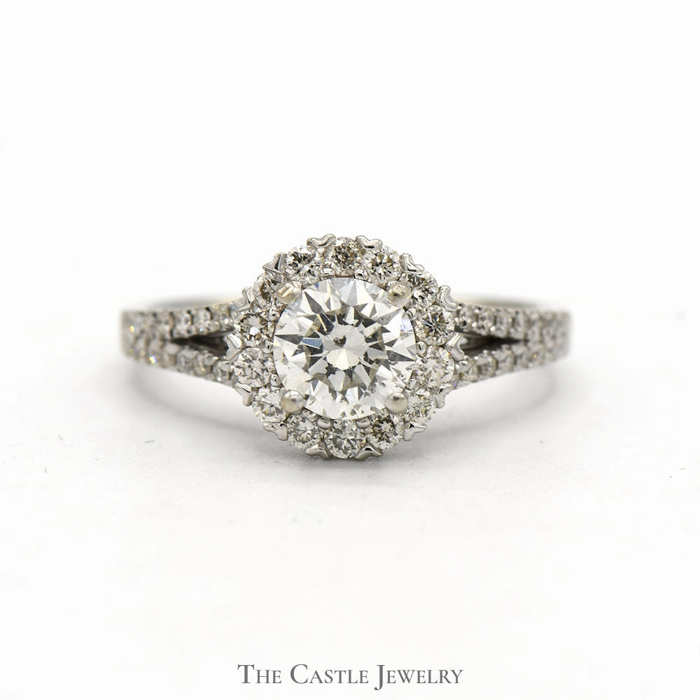 1.5cttw Round Diamond Engagement Ring with Diamond Halo and Accents in 14k White Gold Fantastic Jewelry Bright Finish
