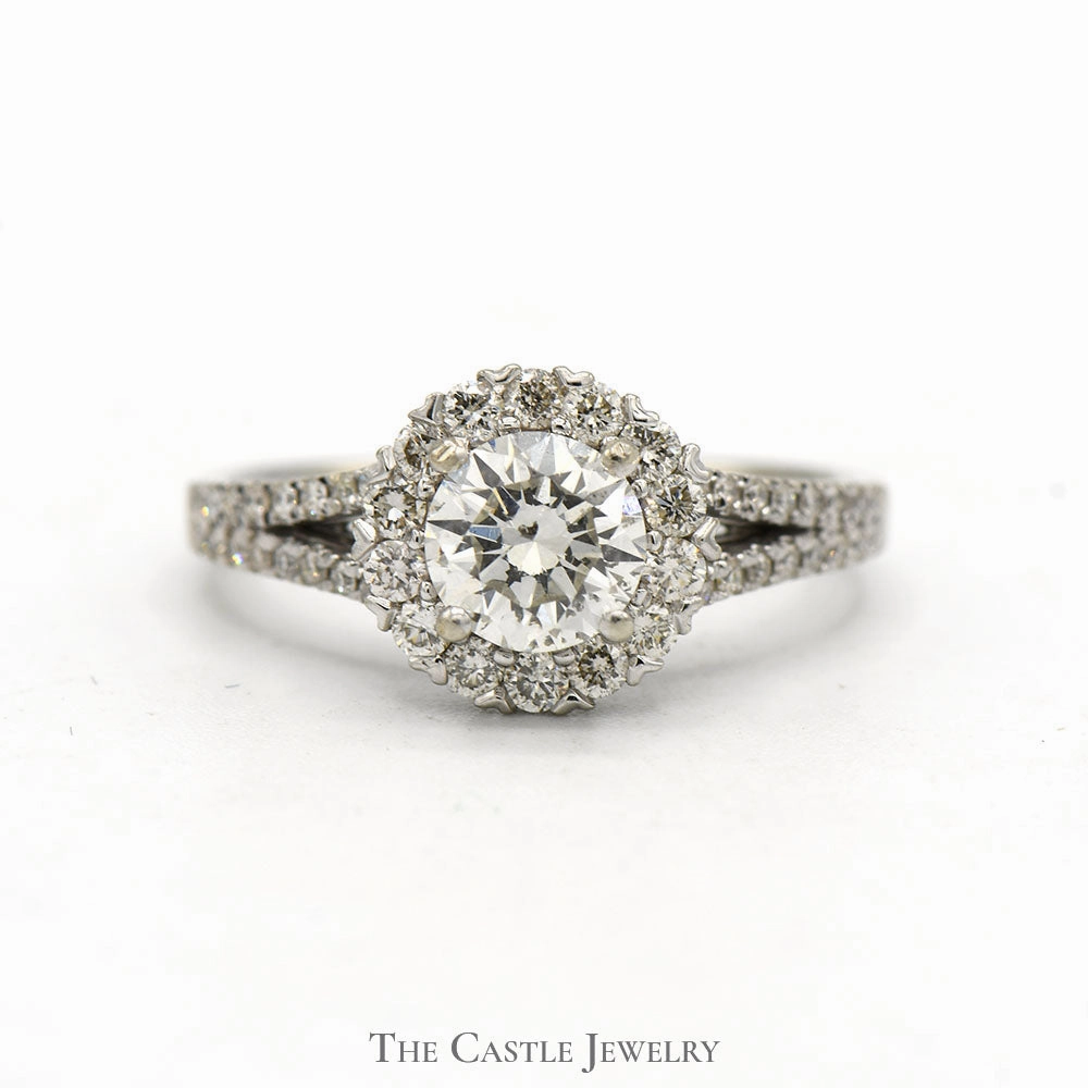 1.5cttw Round Diamond Engagement Ring with Diamond Halo and Accents in 14k White Gold Simple Elegance Special Accent