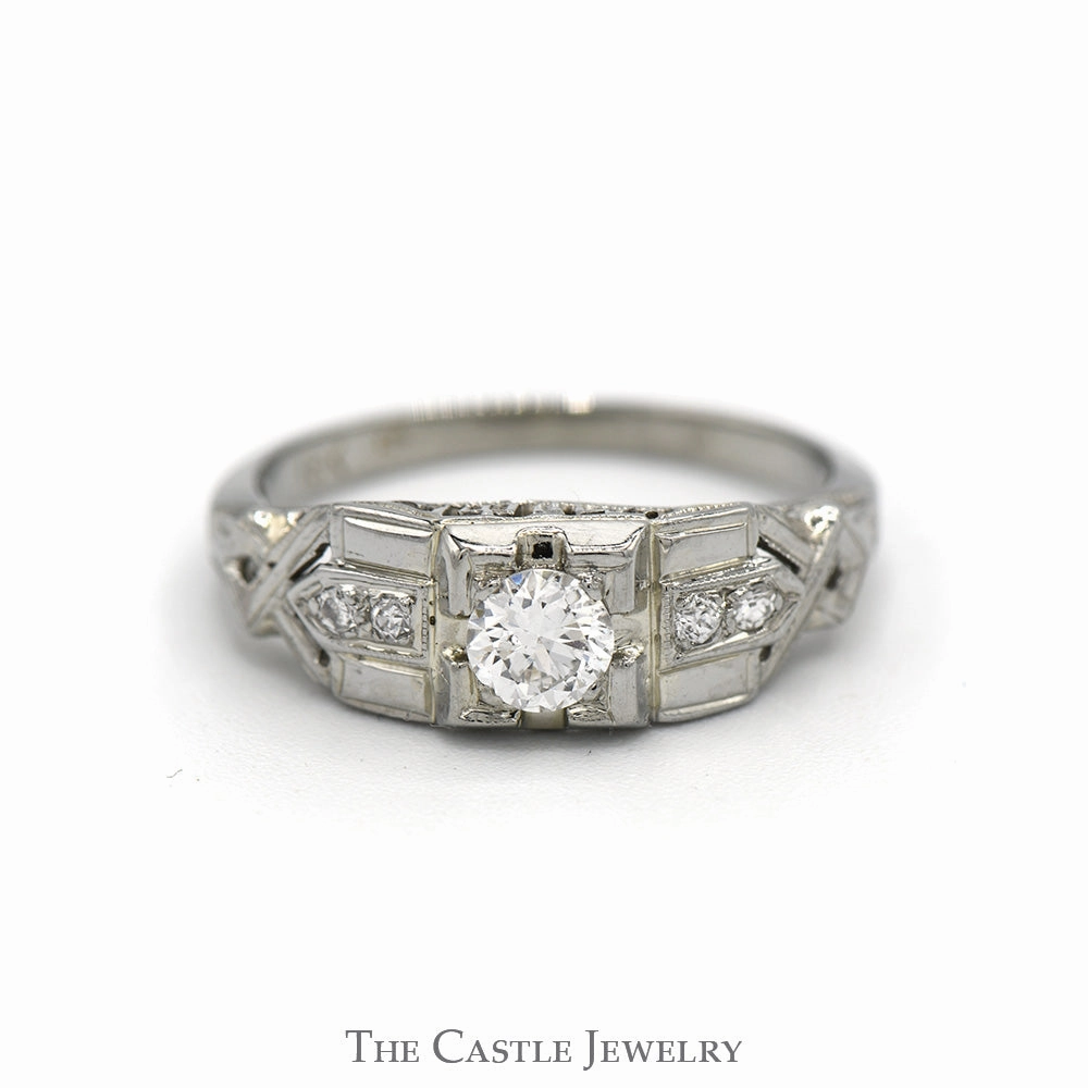 Antique Style Round Diamond Ring with Diamond Accents in 18k White Gold HighEnd Sign Delicate Look