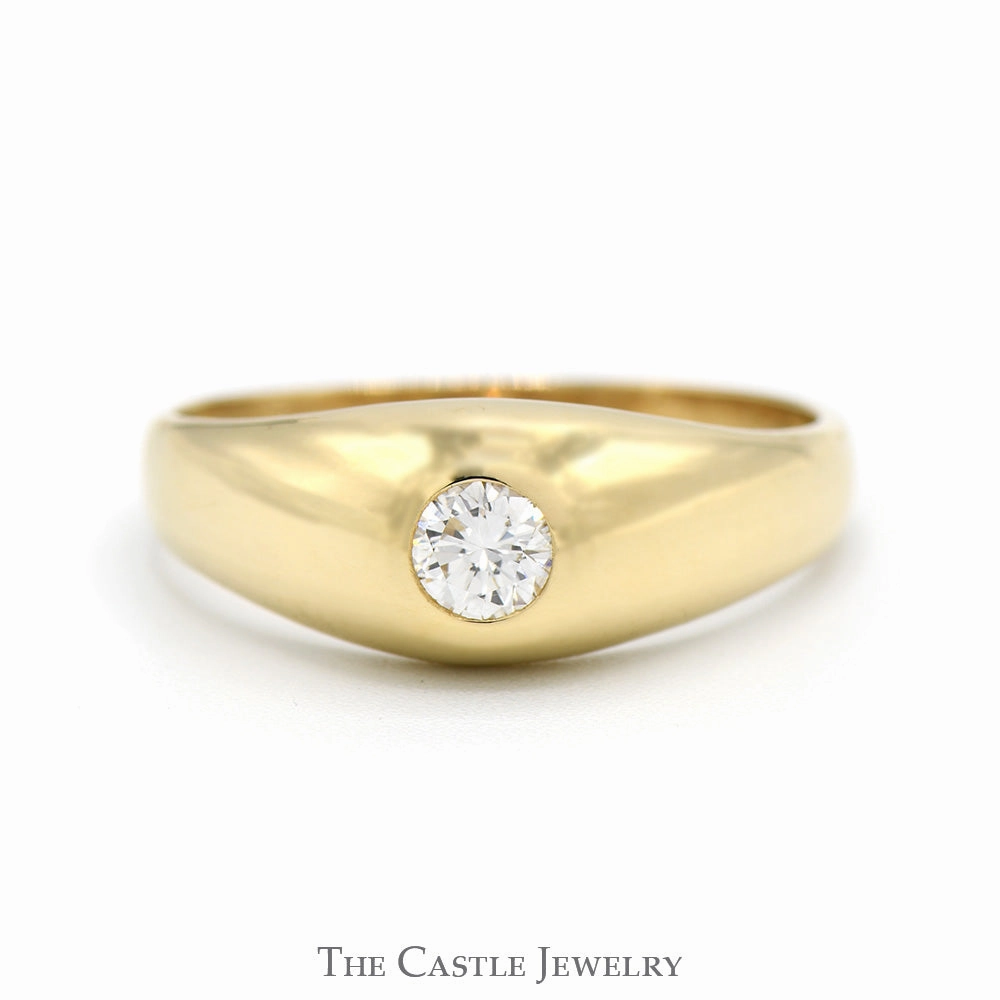 Minimalist Design Pastel Shade 1/4ct Bezel Set Diamond Solitaire Ring with Polished Sides in 14k Yellow Gold