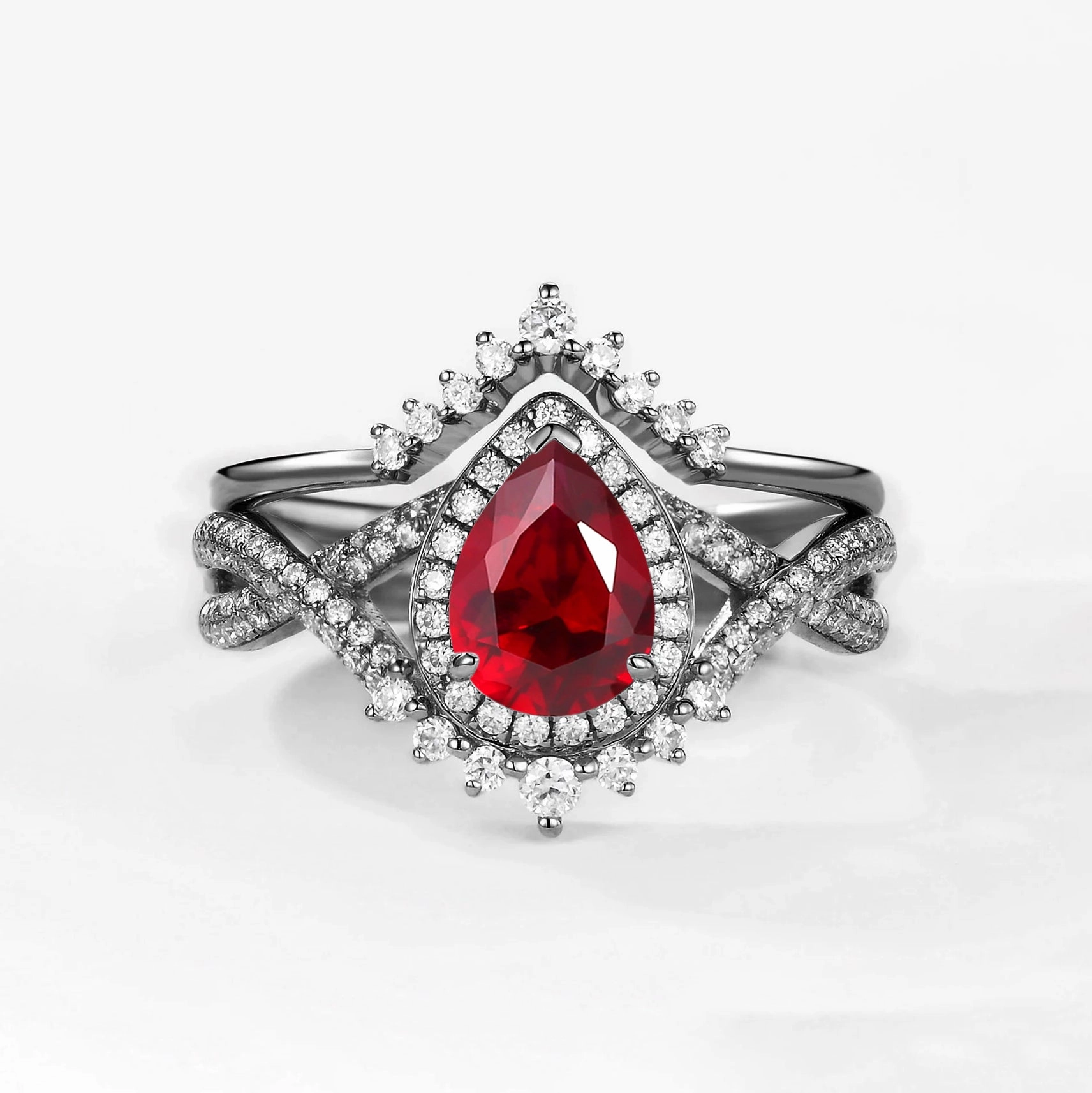 Pear Cut Lab Ruby Halo Infinity Ring Set 2pcs - Valentina Precious Glow