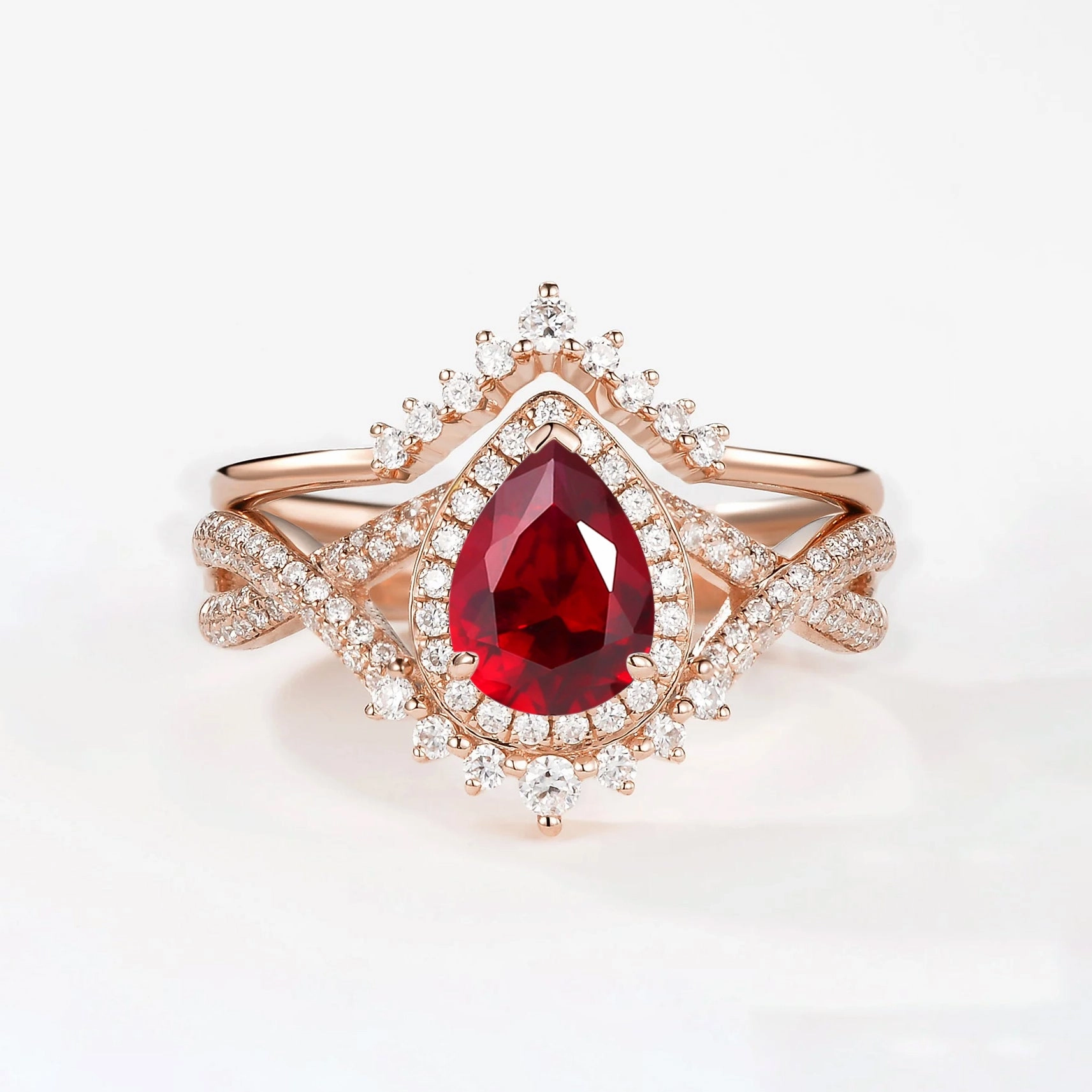 Sharp Silhouette Pear Cut Lab Ruby Halo Infinity Ring Set 2pcs - Valentina
