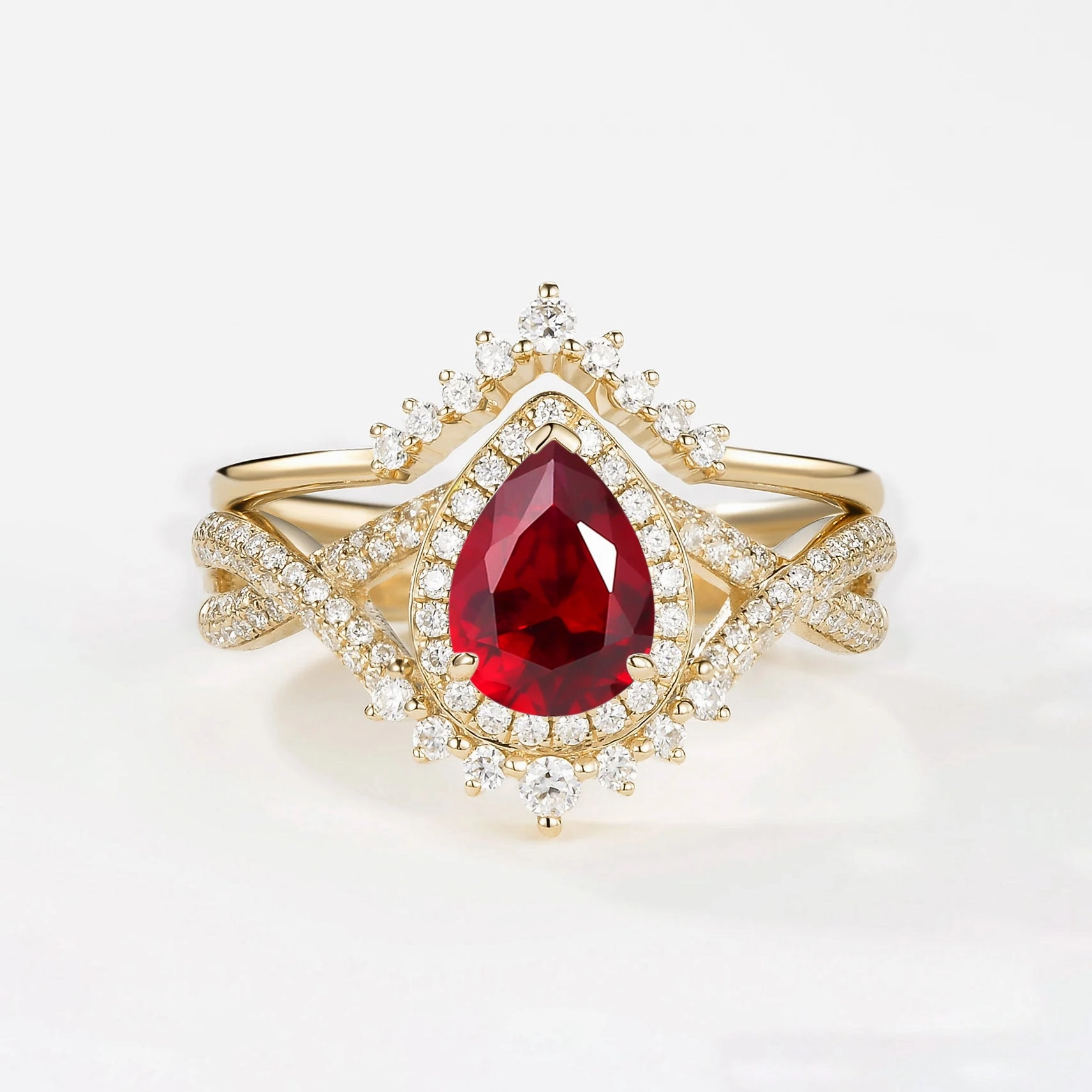 Pear Cut Lab Ruby Halo Infinity Ring Set 2pcs - Valentina Seasonal Mood Layered Texture