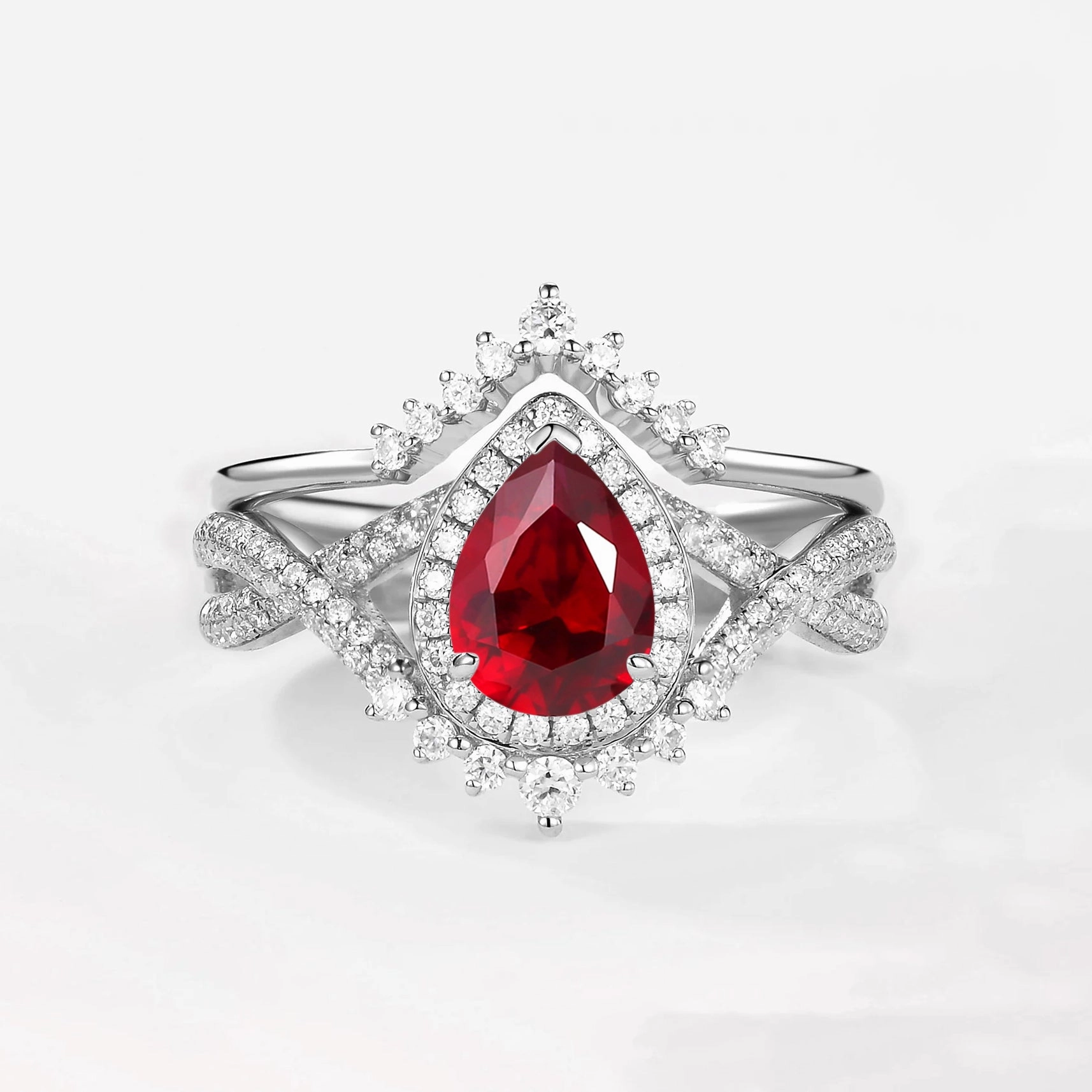 Pear Cut Lab Ruby Halo Infinity Ring Set 2pcs - Valentina Vibrant Accent