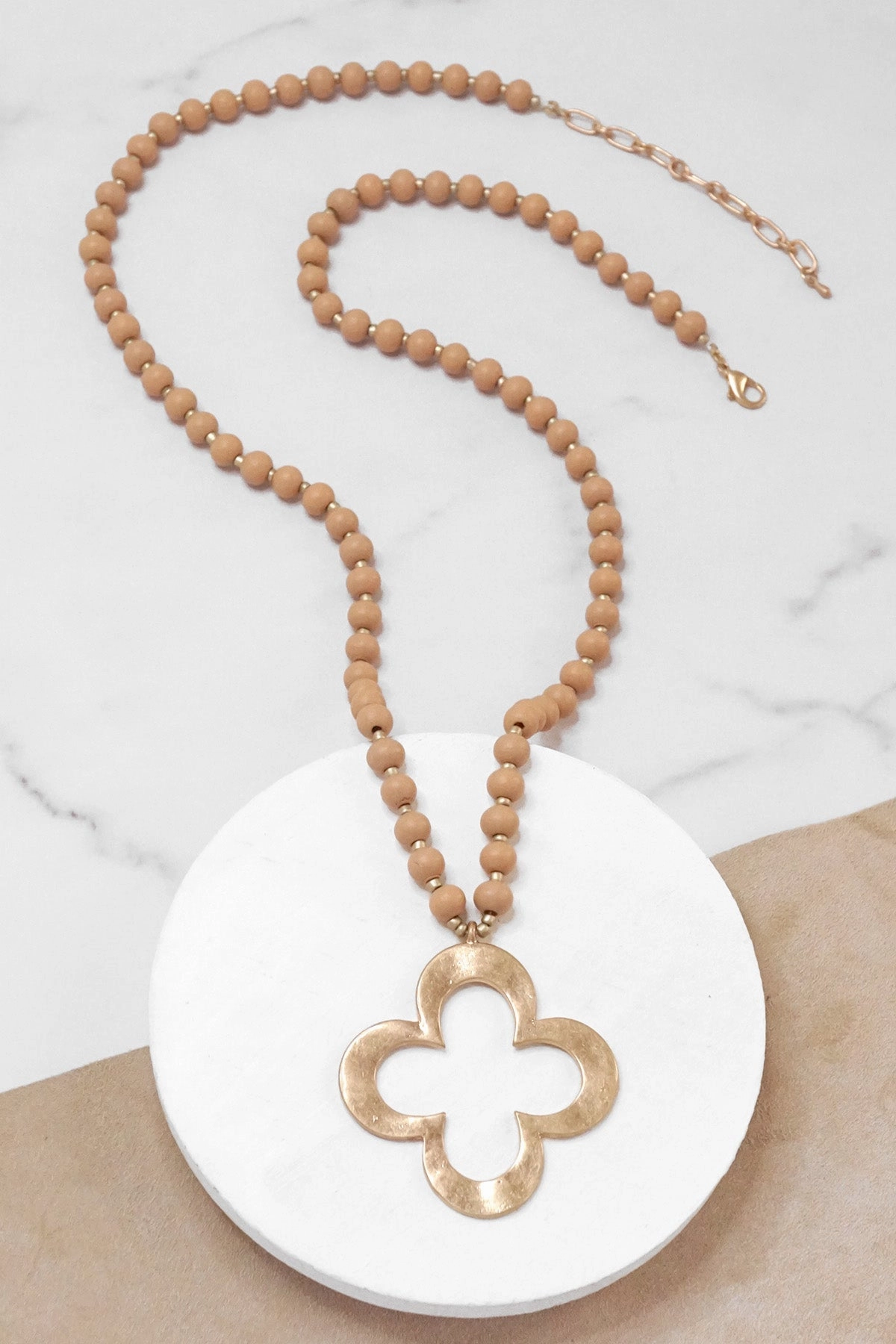 Clover Long Wooden Bead Necklace with gold Flower - Nude Neutral Artistic Piece