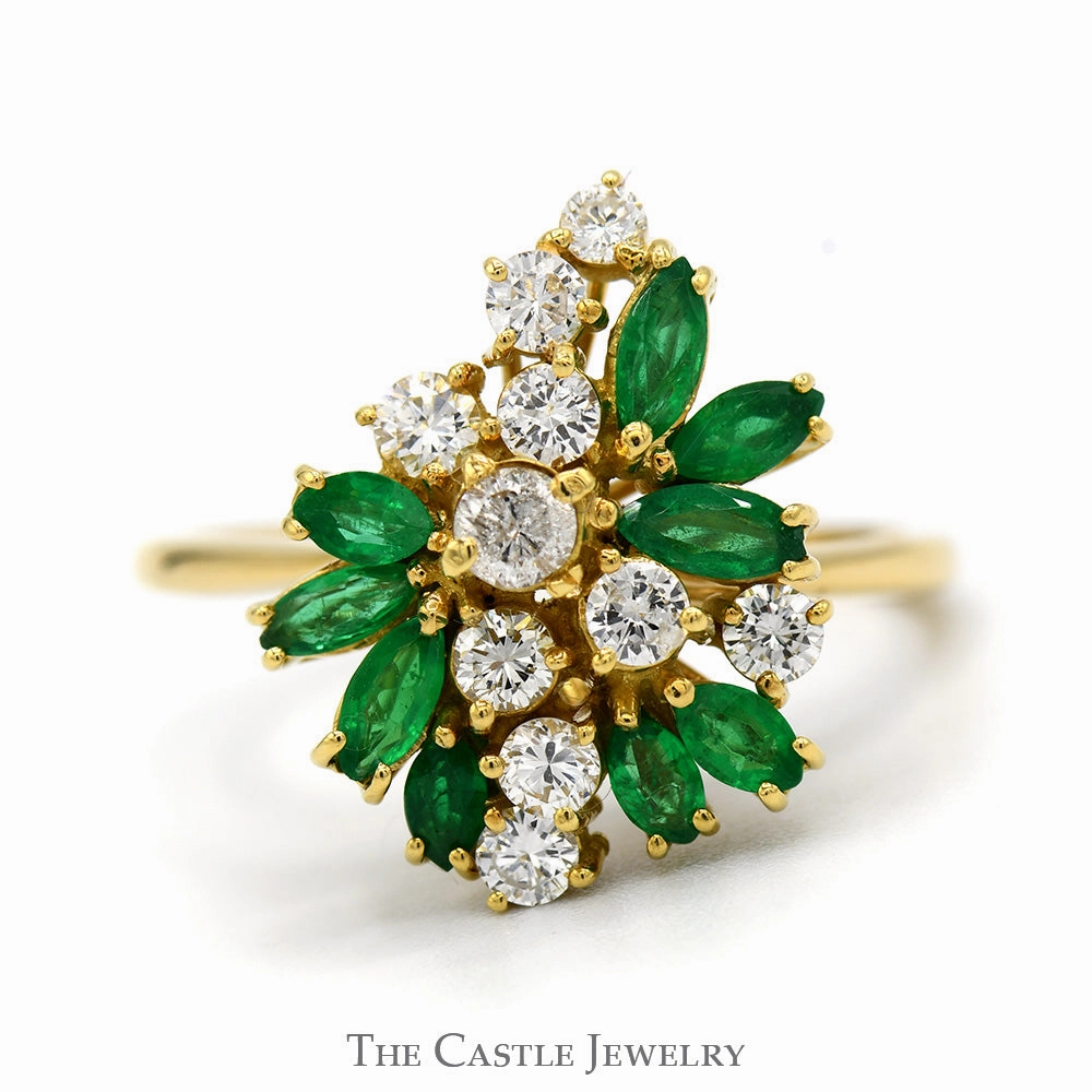 Marquise Cut Emerald & Round Diamond Cluster Ring in 18k Yellow Gold Ornate Trinket Petite Accessory