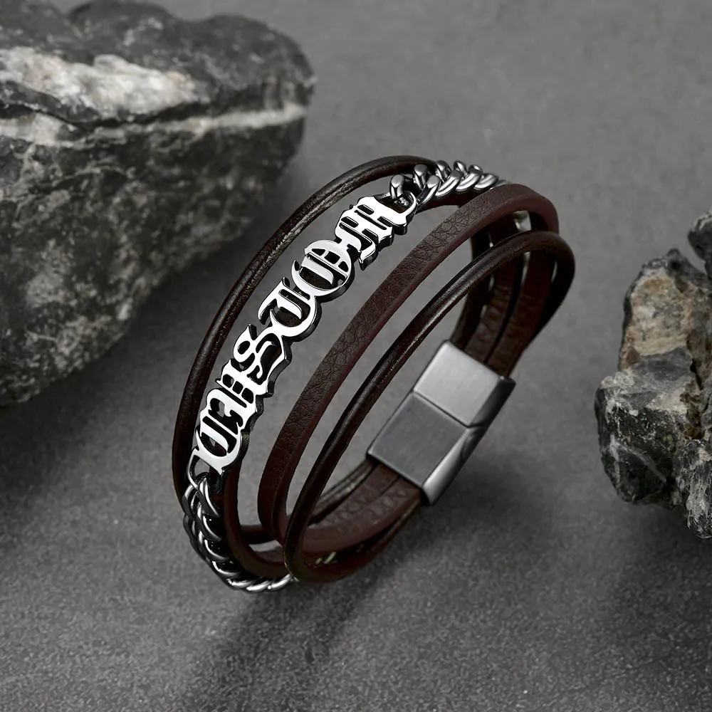 Customized Names Multi Layer Braided Leather Bracelet for Men