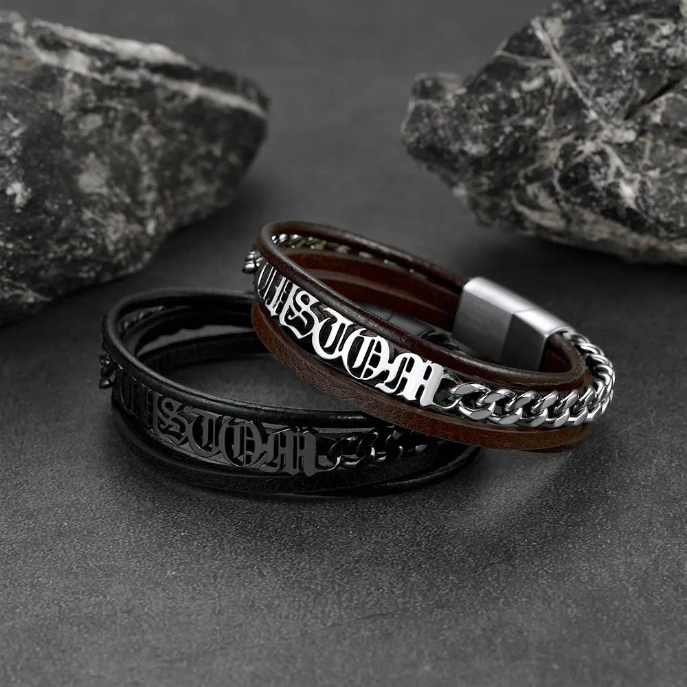 Customized Names Multi Layer Braided Leather Bracelet for Men