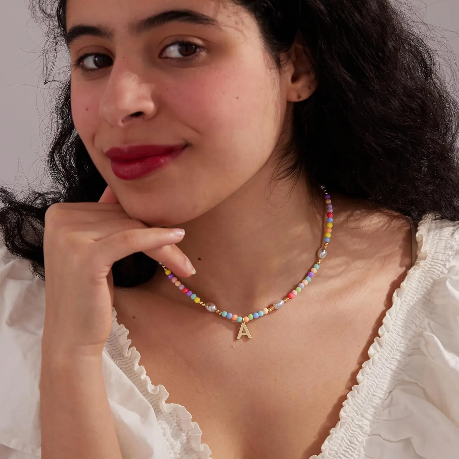 Cute Beaded Initial Necklaces for Girls Trendy Dainty Colorful Pearl Letter Choker Charm Necklace for Women Teen Girls Handmade 14K Gold Plated Bohemian Birthday Personalized Jewelry Gifts