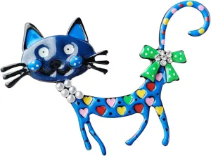 Cute Rhinestone Pearl Blue Cat Kitty Enamel Brooch Pin Kitten Cartoon Corsage Pin Badges Accessories Jewelry for Women