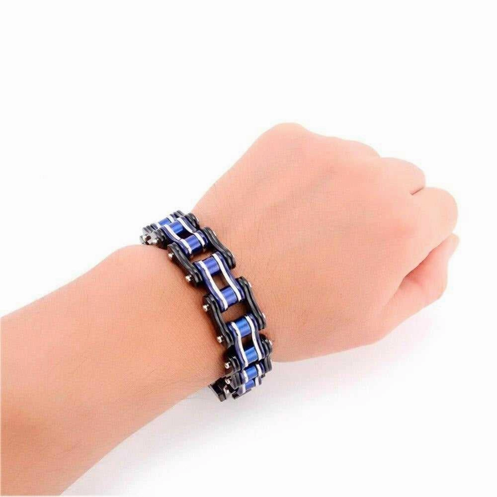 International Assortment Bonding Accent Cycolinks Black, Silver & Blue Bike Chain Bracelet