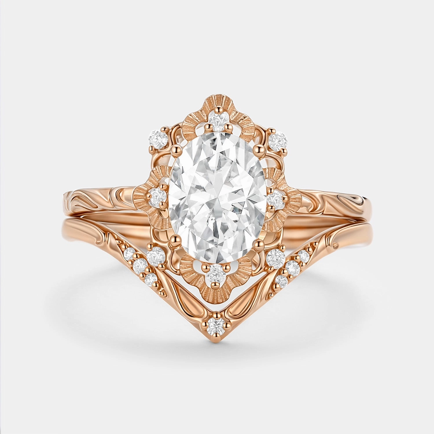 Glamorous Gifts Distinctive Appeal Oval Cut Engraved Moissanite Vintage Ring Set 2pcs - Velvet