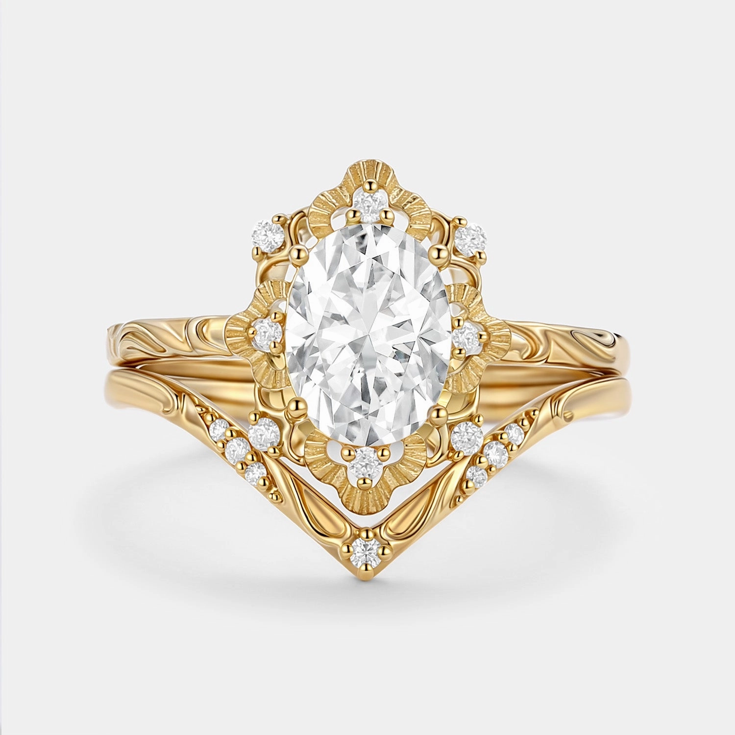 Oval Cut Engraved Moissanite Vintage Ring Set 2pcs - Velvet Polished Piece