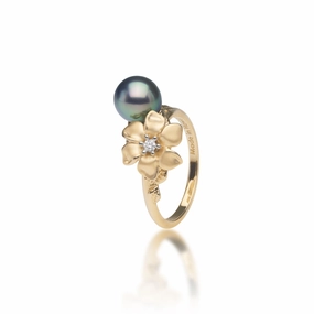 N????? Tahitian Black Pearl Ring in Gold with Diamond - 7-8mm Unique Features Trendy Layer