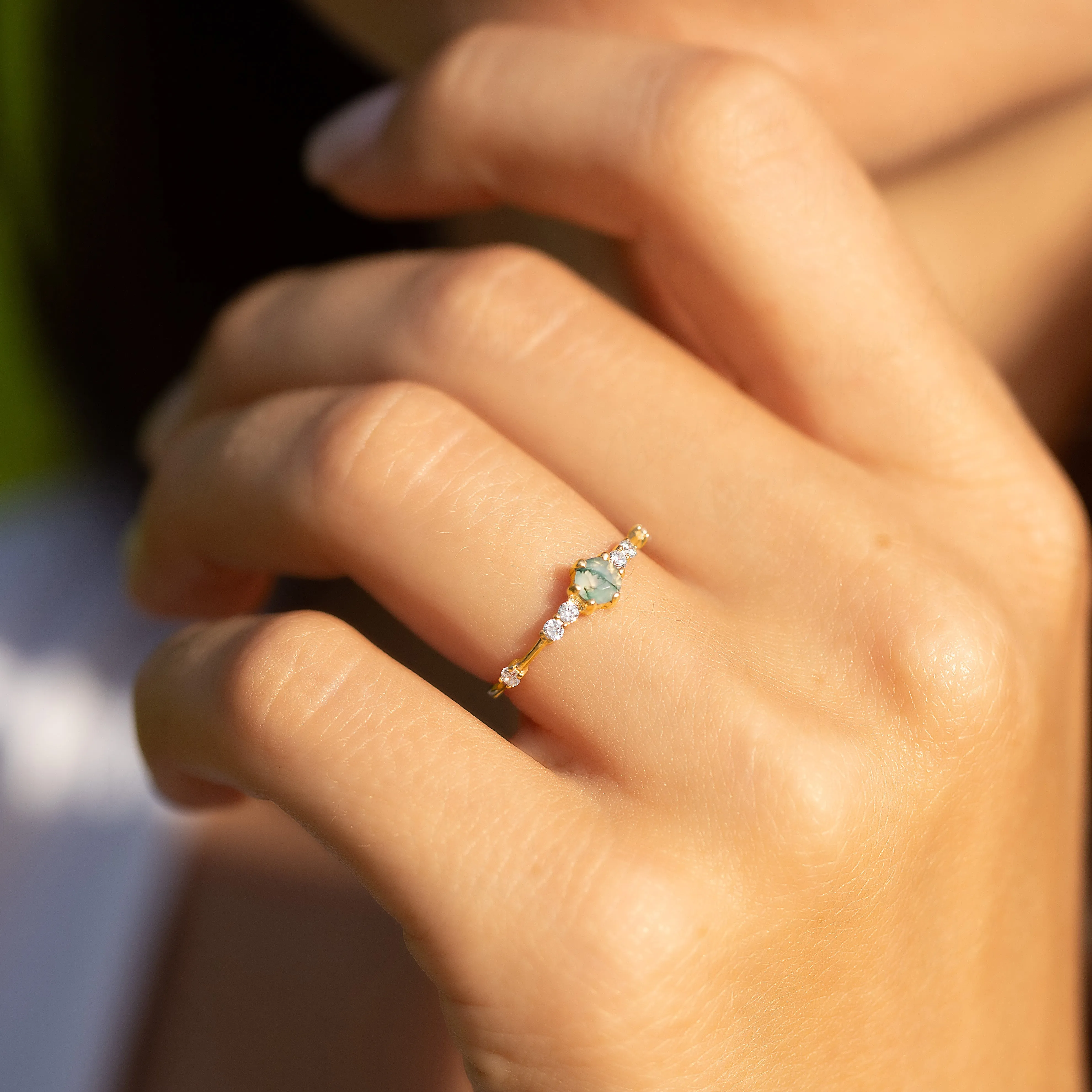 Dainty & elegant 14k yellow gold natural moss agate & diamond promise ring for her