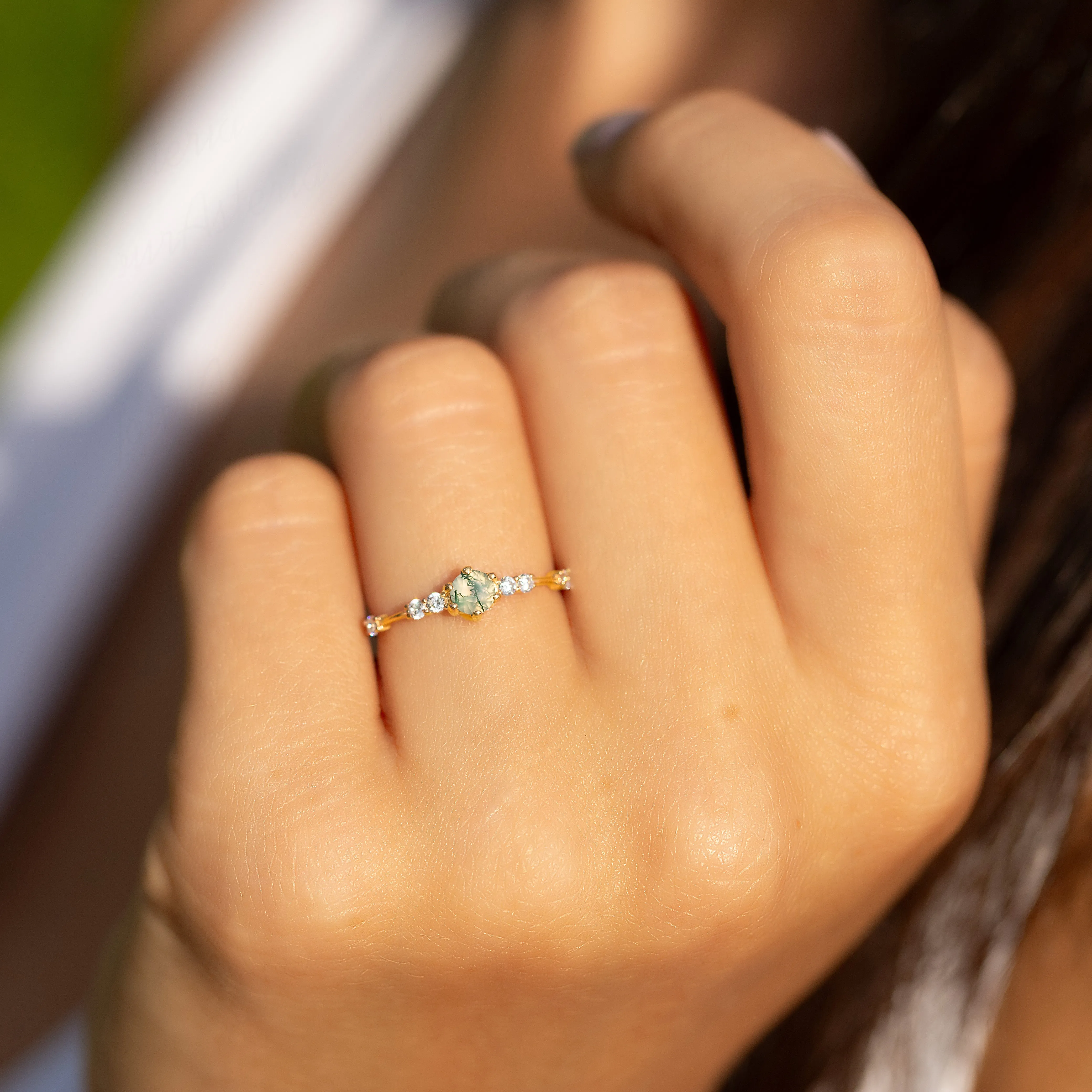 Dainty & elegant 14k yellow gold natural moss agate & diamond promise ring for her
