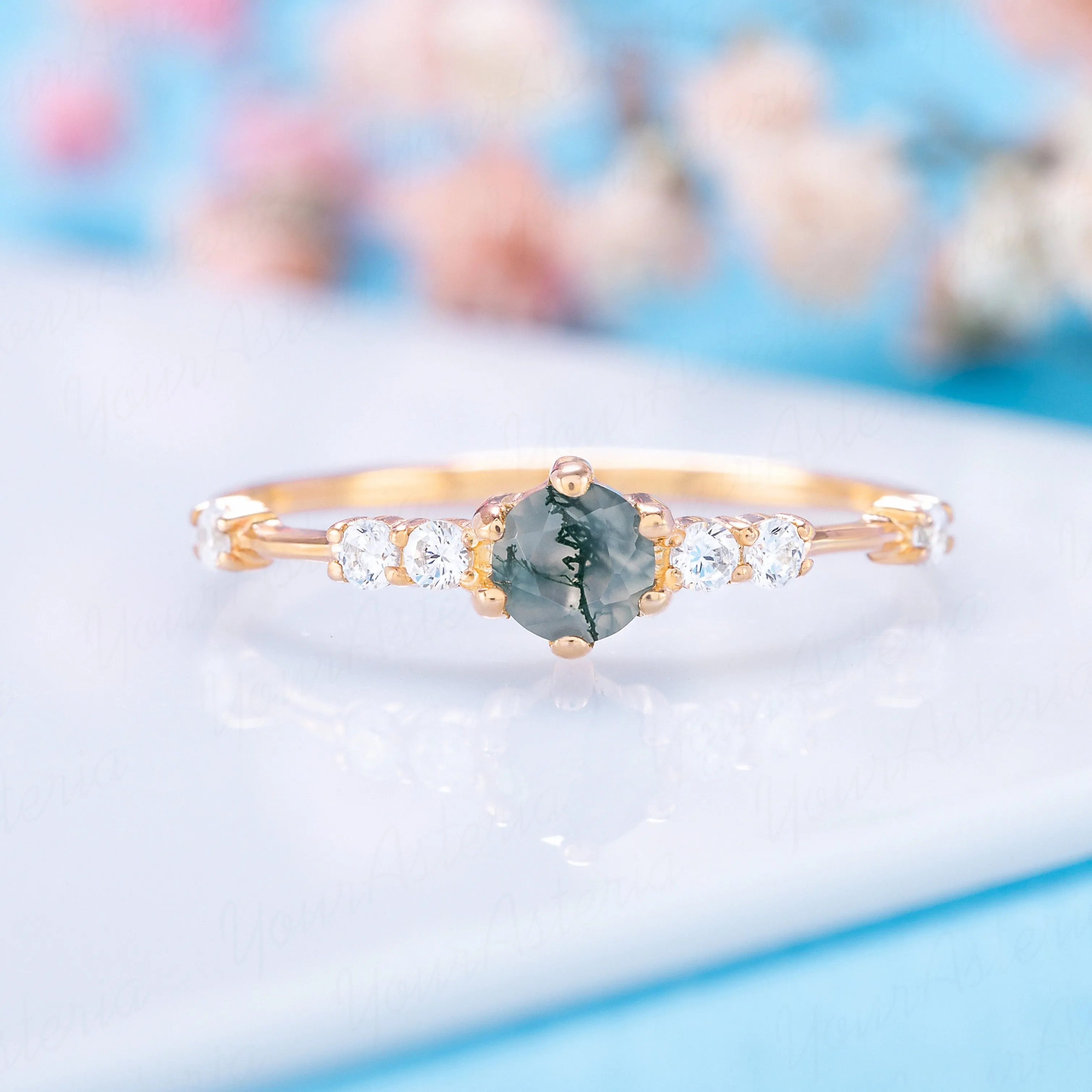 Dainty & elegant 14k yellow gold natural moss agate & diamond promise ring for her