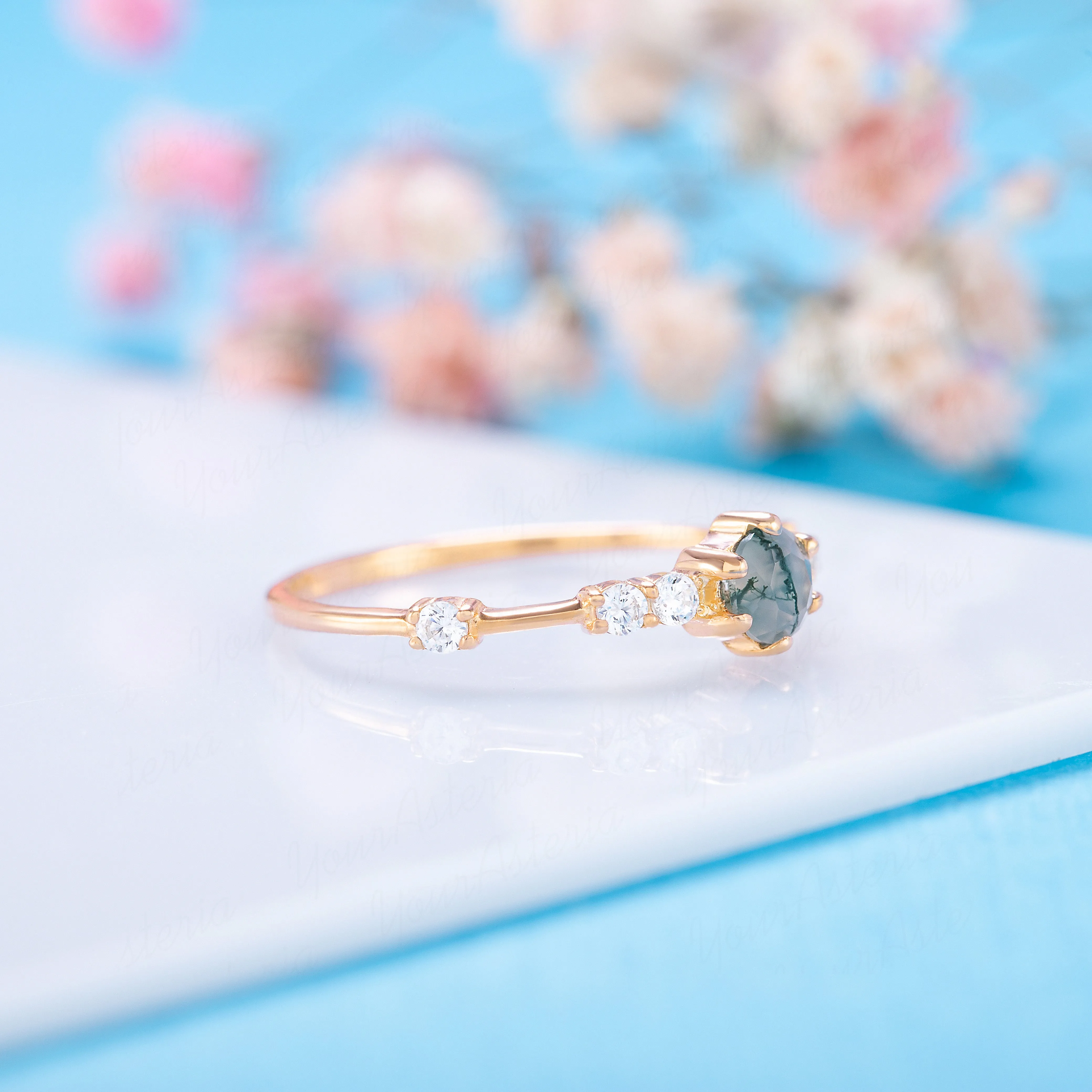 Dainty & elegant 14k yellow gold natural moss agate & diamond promise ring for her