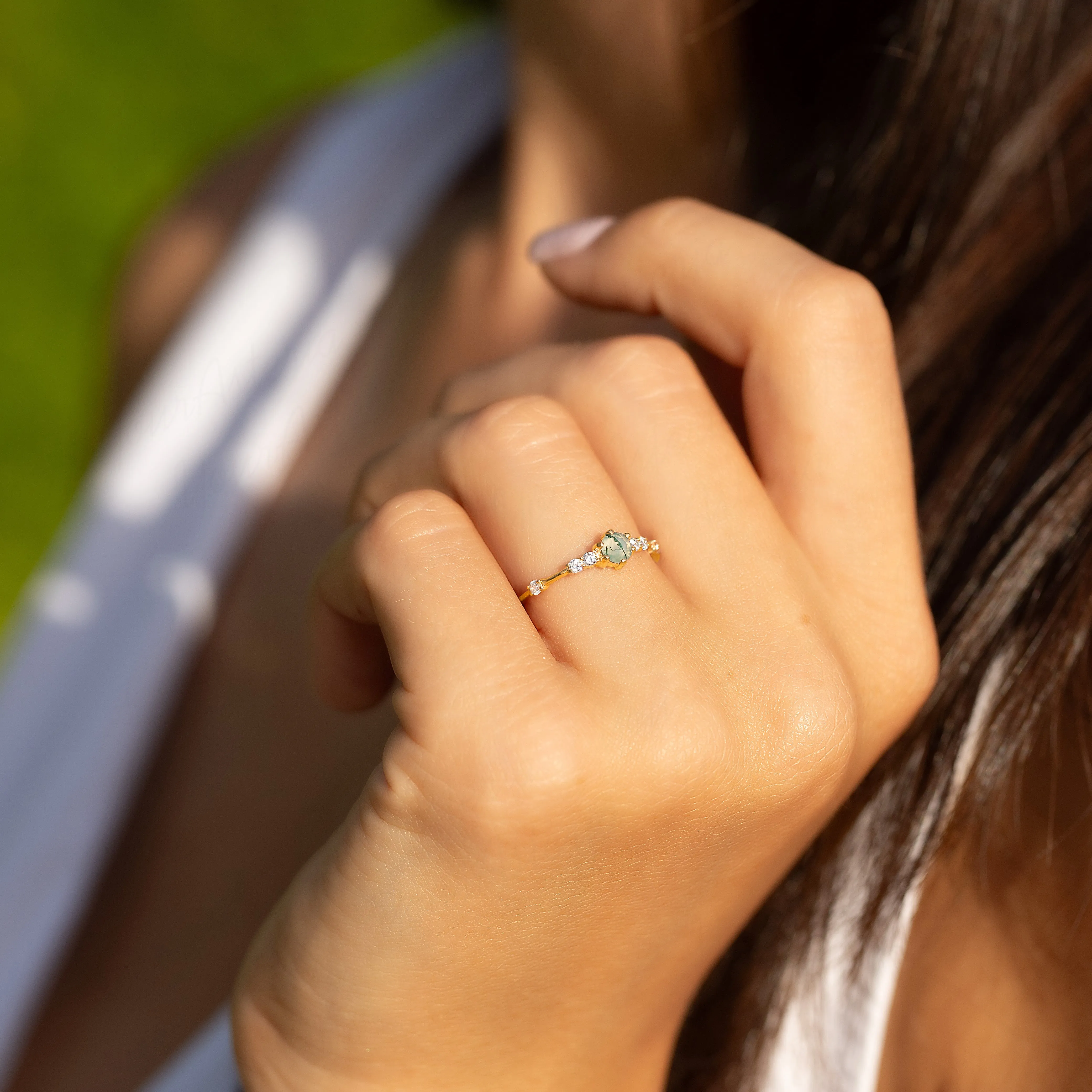 Dainty & elegant 14k yellow gold natural moss agate & diamond promise ring for her