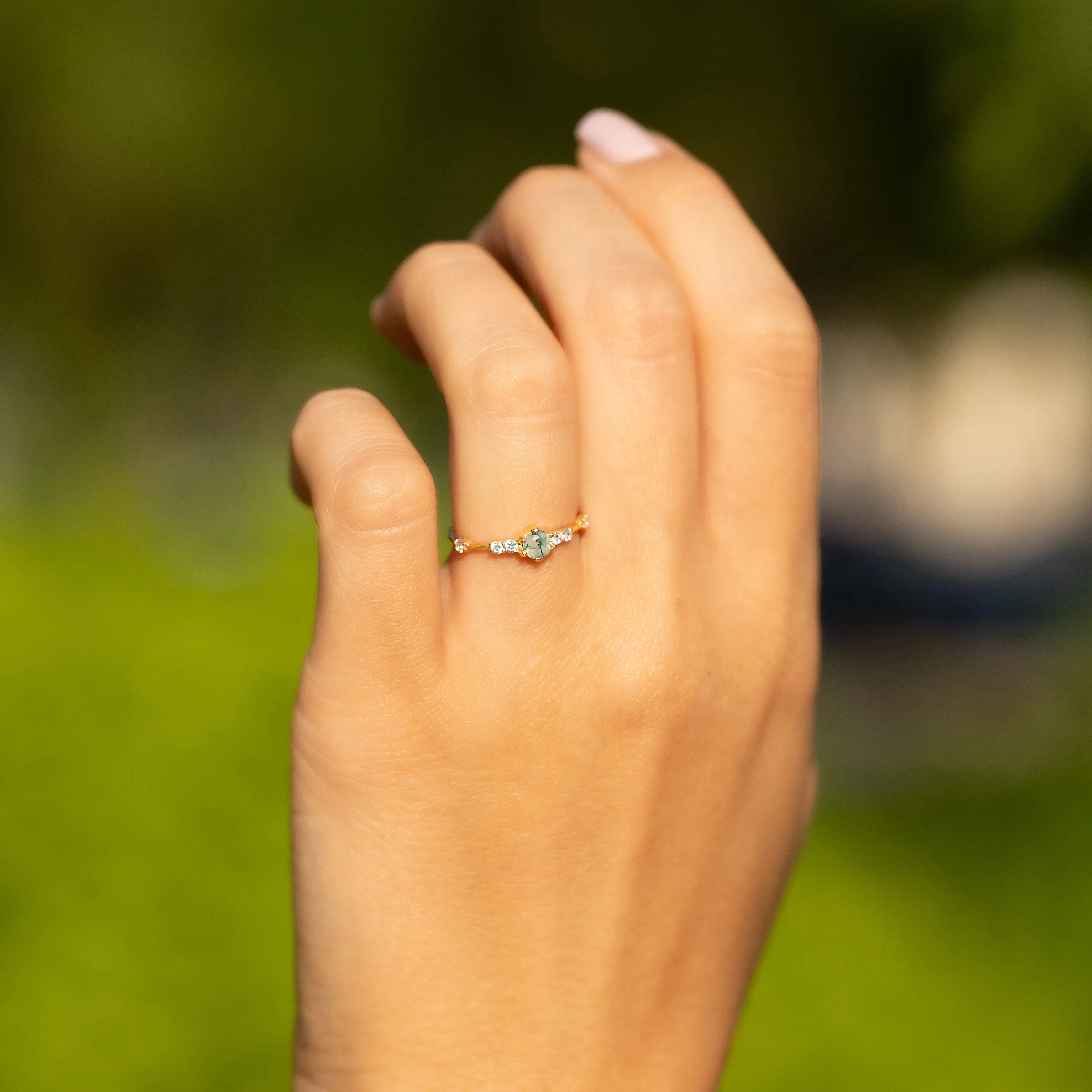 Dainty & elegant 14k yellow gold natural moss agate & diamond promise ring for her