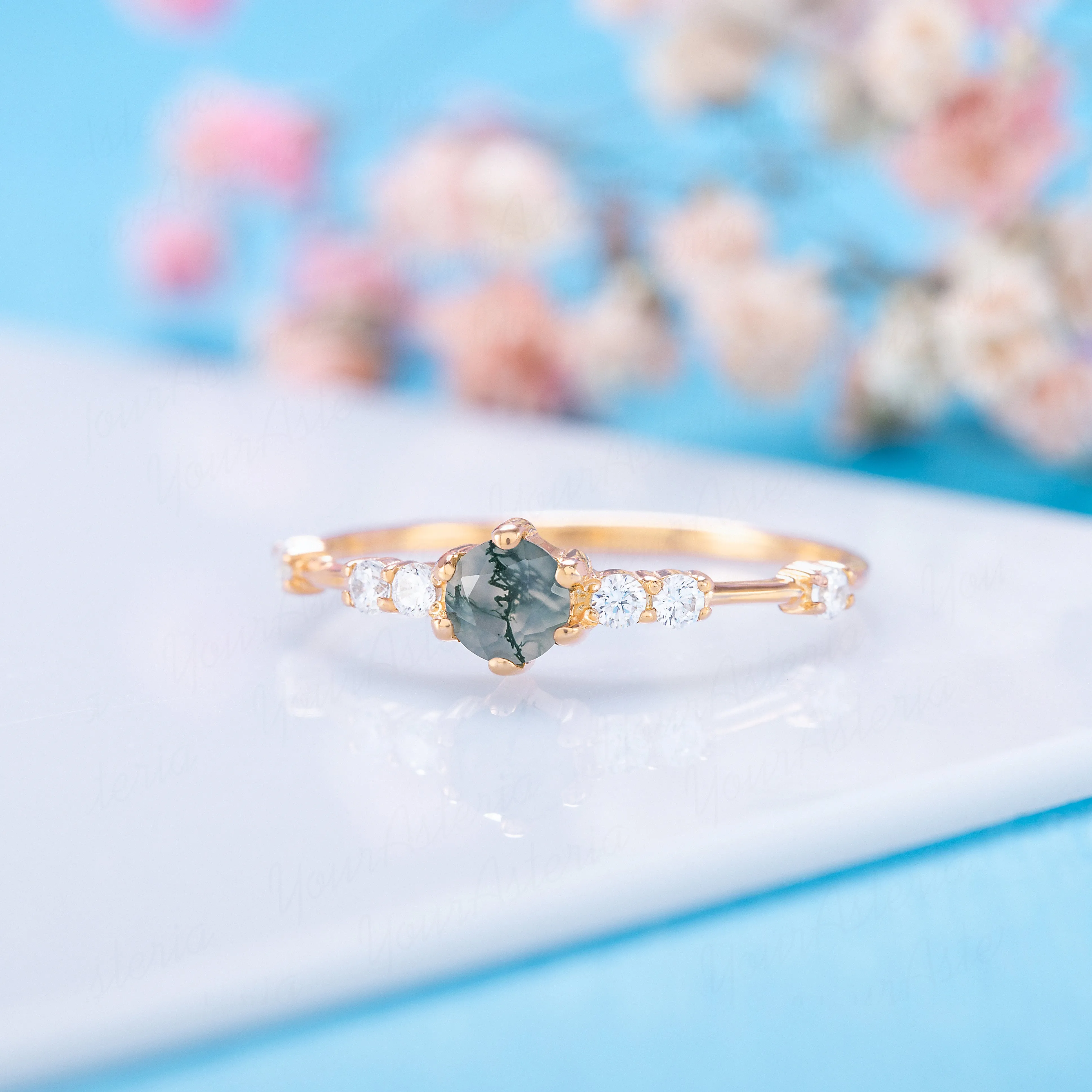Dainty & elegant 14k yellow gold natural moss agate & diamond promise ring for her