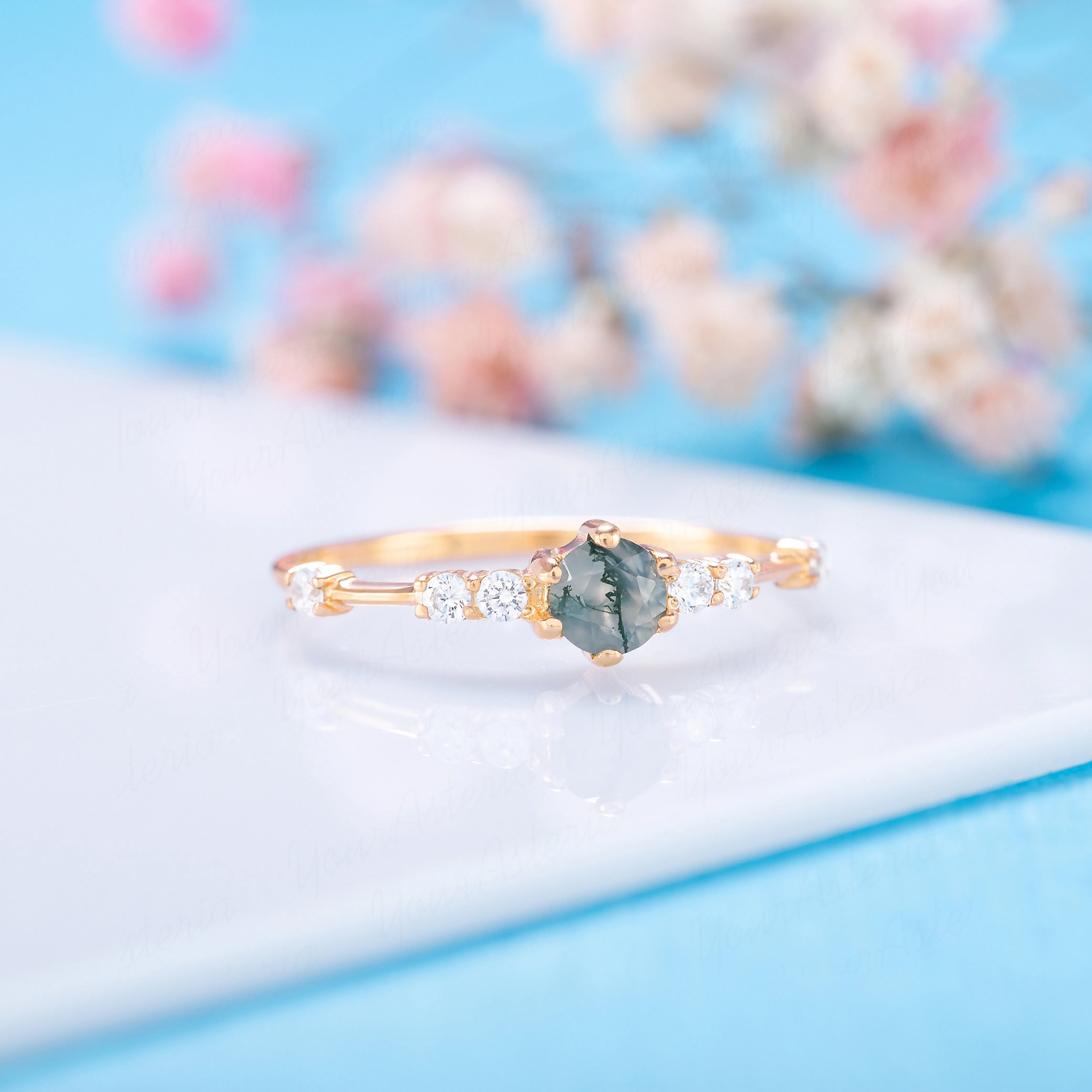 Dainty & elegant 14k yellow gold natural moss agate & diamond promise ring for her