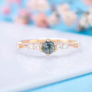 Dainty & elegant 14k yellow gold natural moss agate & diamond promise ring for her