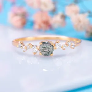 Dainty & elegant 14k yellow gold natural moss agate & diamonds promise ring for her