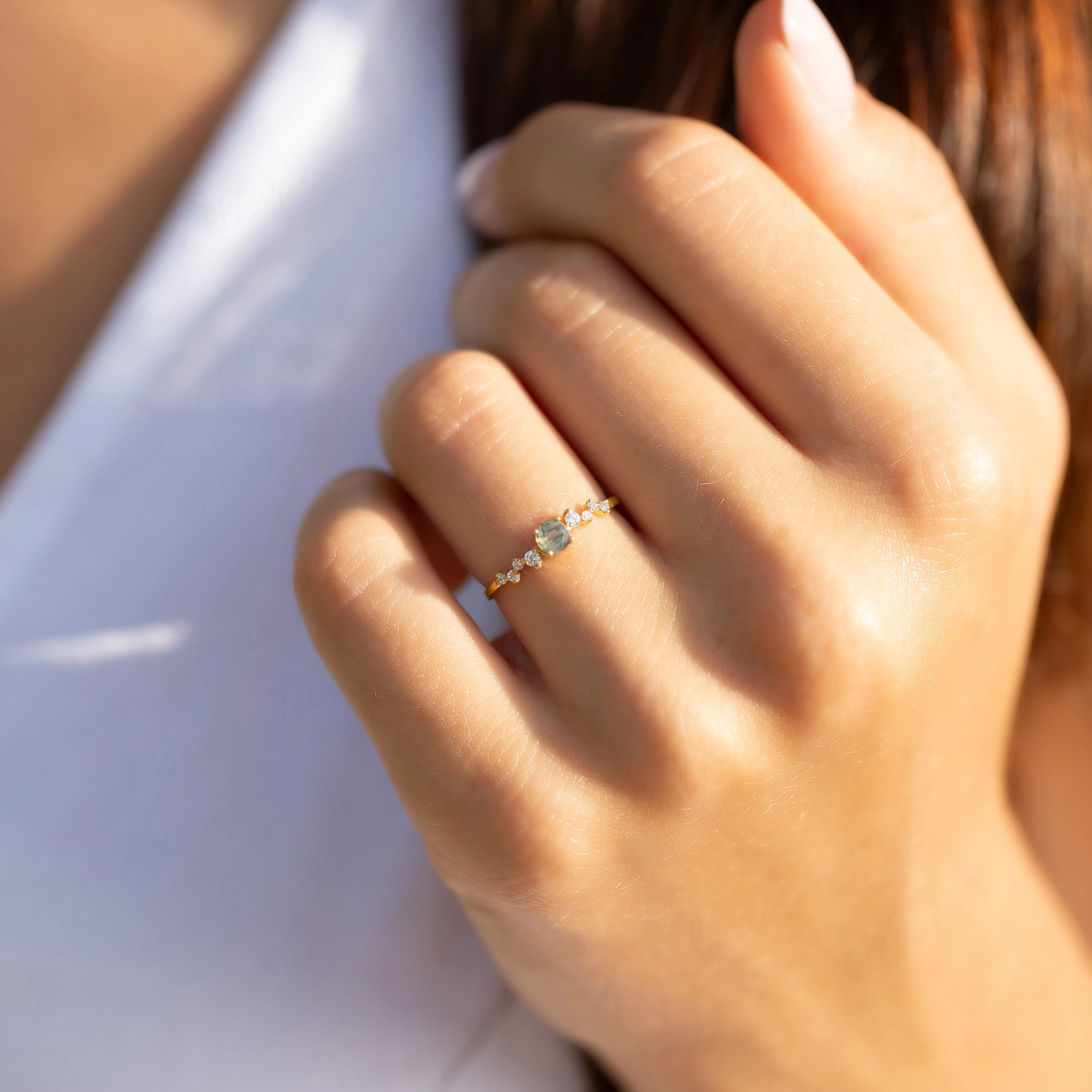 Dainty & elegant 14k yellow gold natural moss agate & diamonds promise ring for her