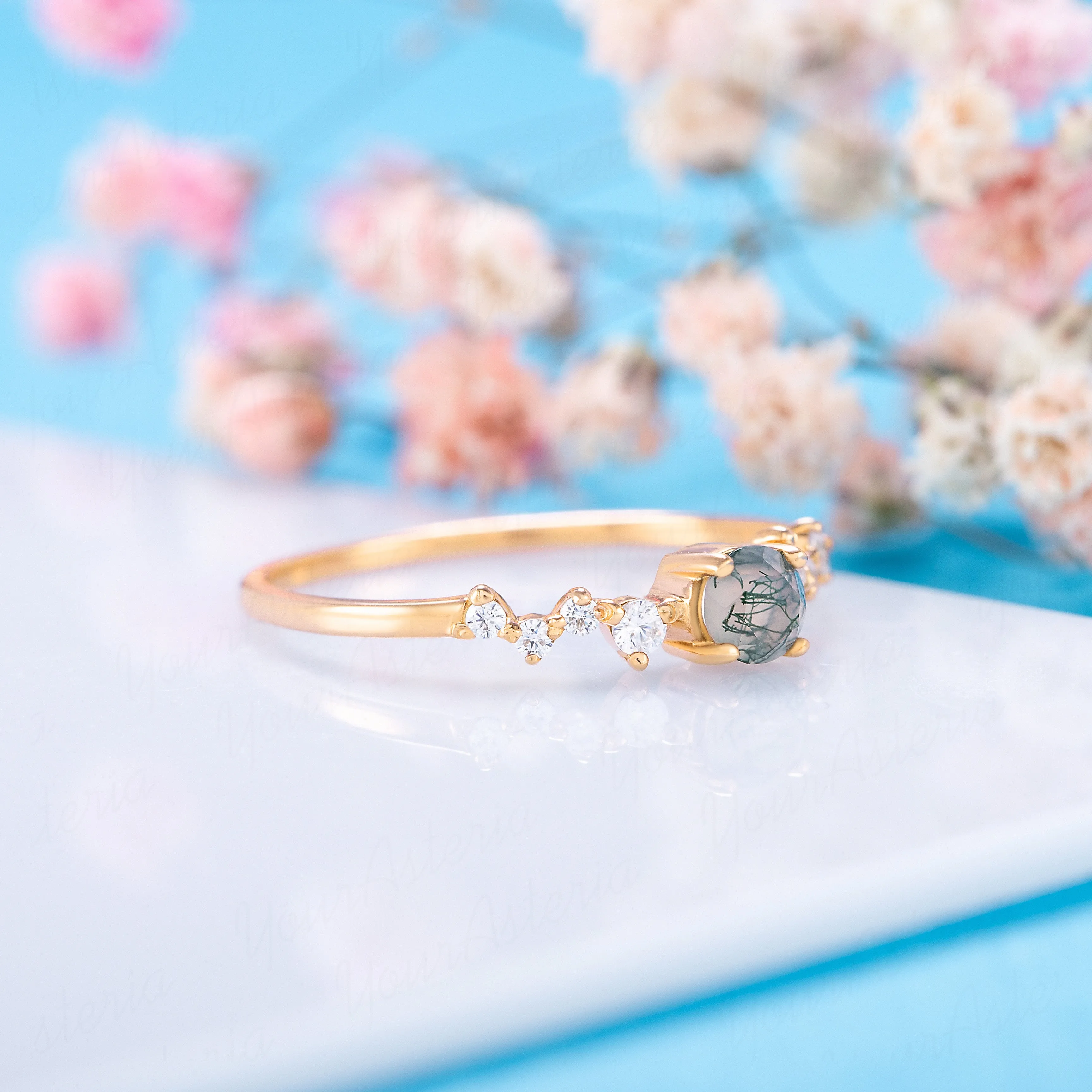 Dainty & elegant 14k yellow gold natural moss agate & diamonds promise ring for her