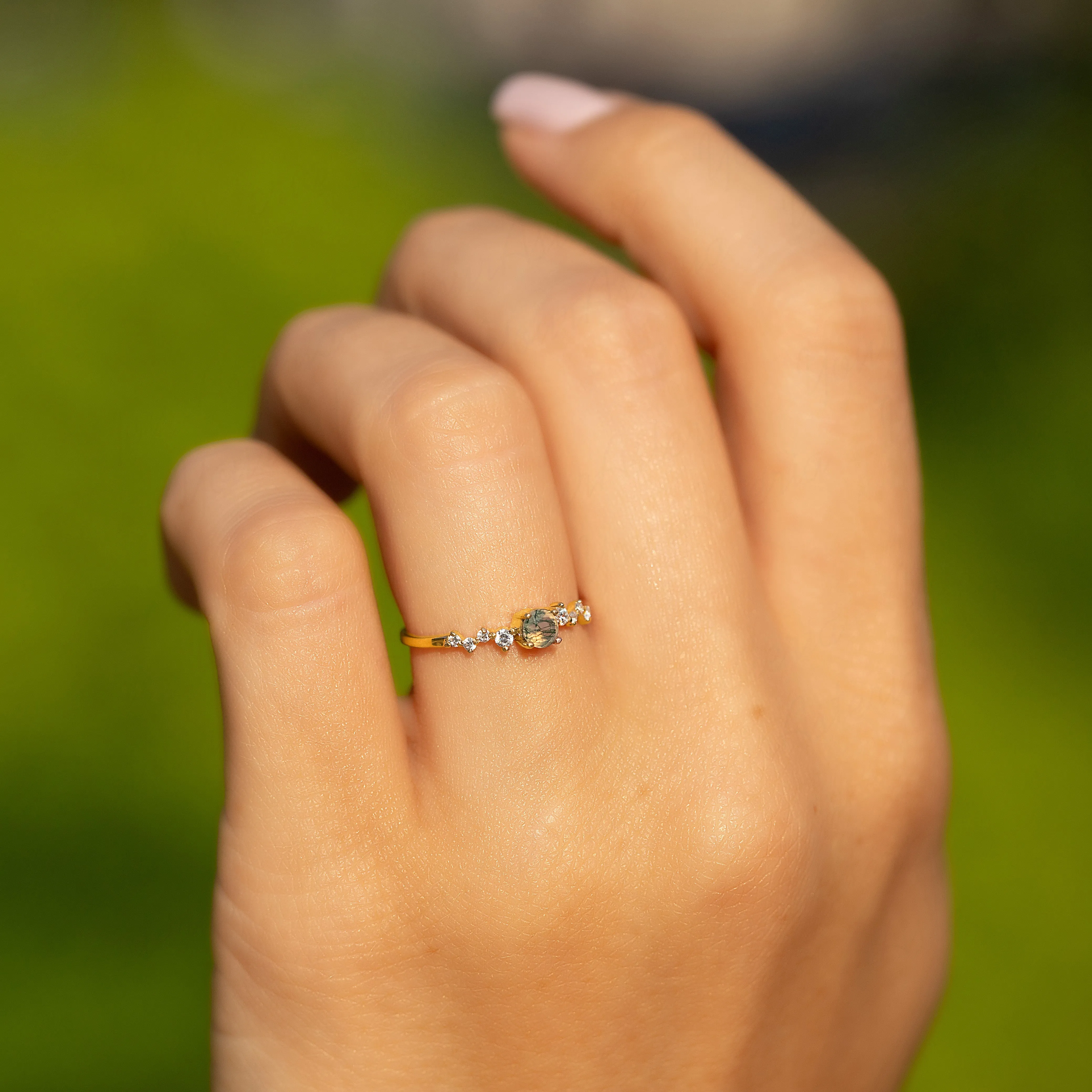 Dainty & elegant 14k yellow gold natural moss agate & diamonds promise ring for her