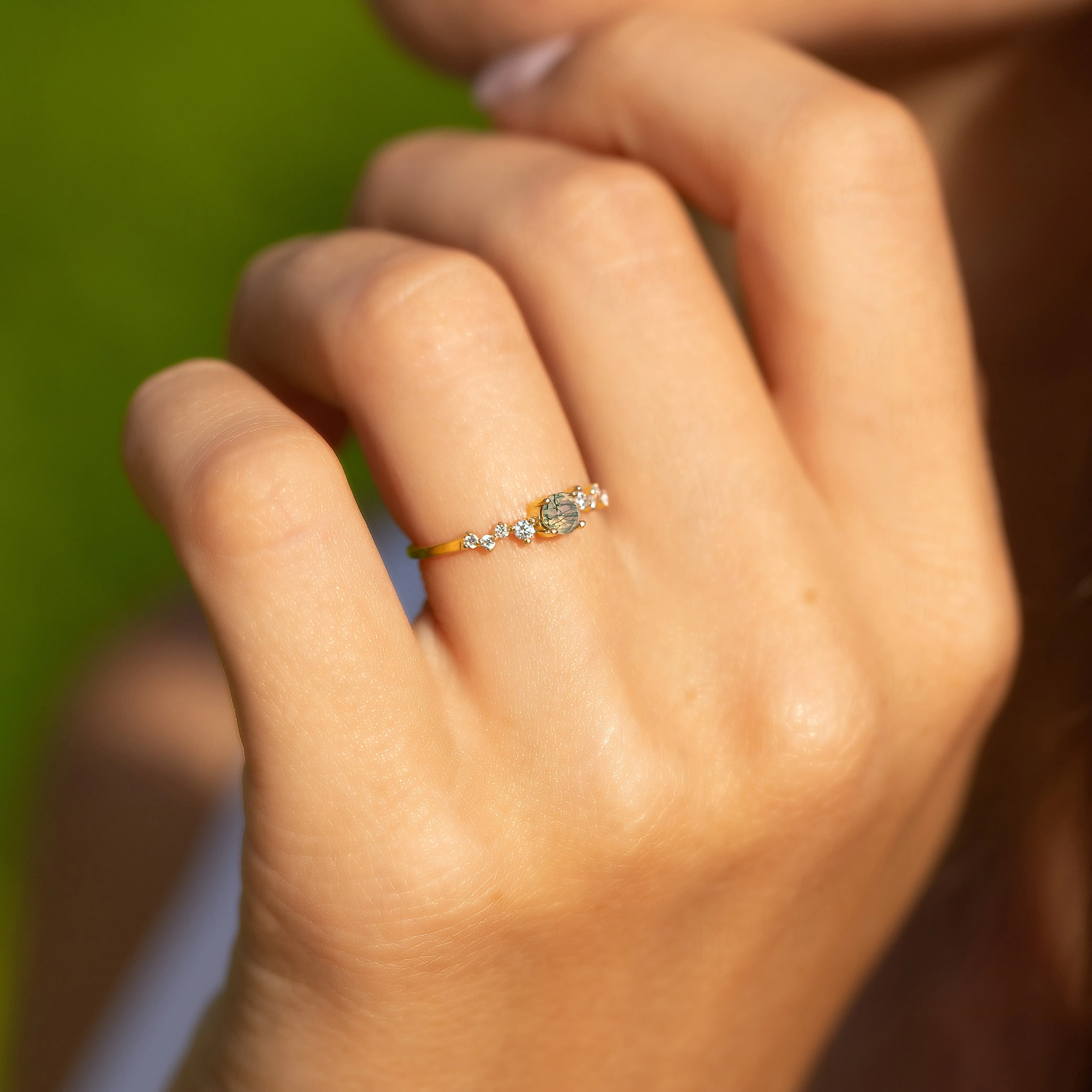 Dainty & elegant 14k yellow gold natural moss agate & diamonds promise ring for her